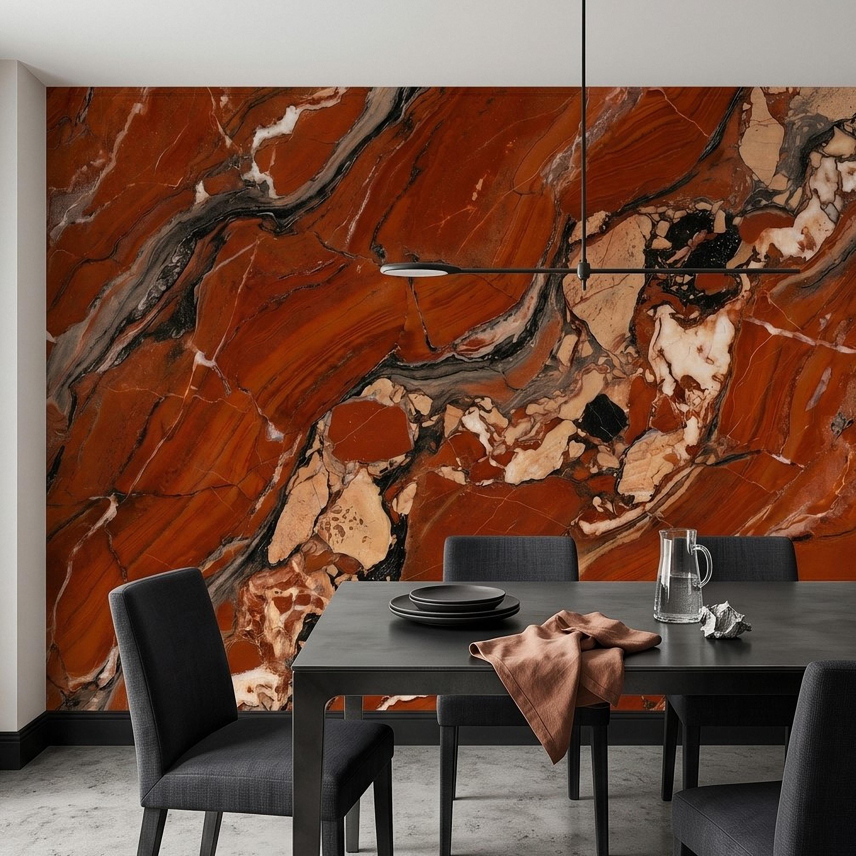 Red Marble Peel and Stick Wall Mural, Breccia Stone Texture, Luxury Natural Onyx Look Modern Wallpaper