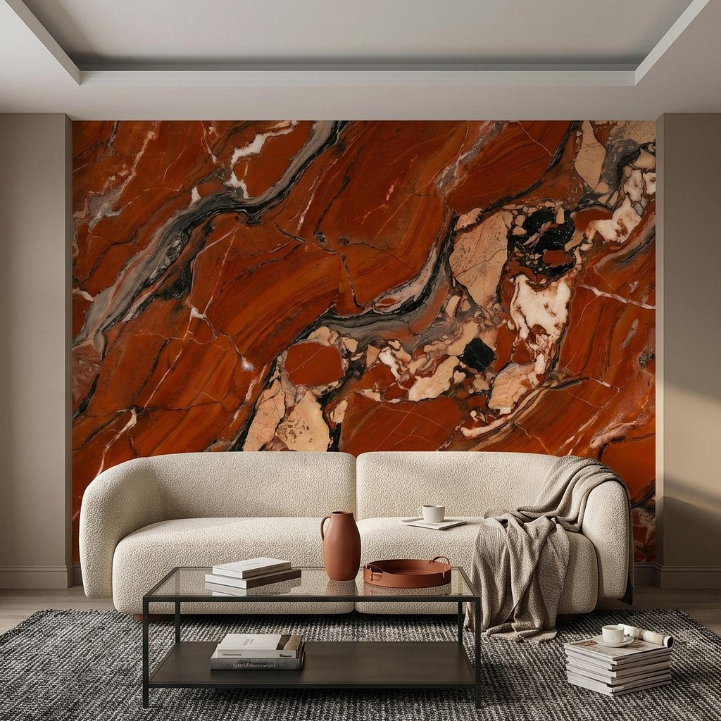 Red Marble Peel and Stick Wall Mural, Breccia Stone Texture, Luxury Natural Onyx Look Modern Wallpaper