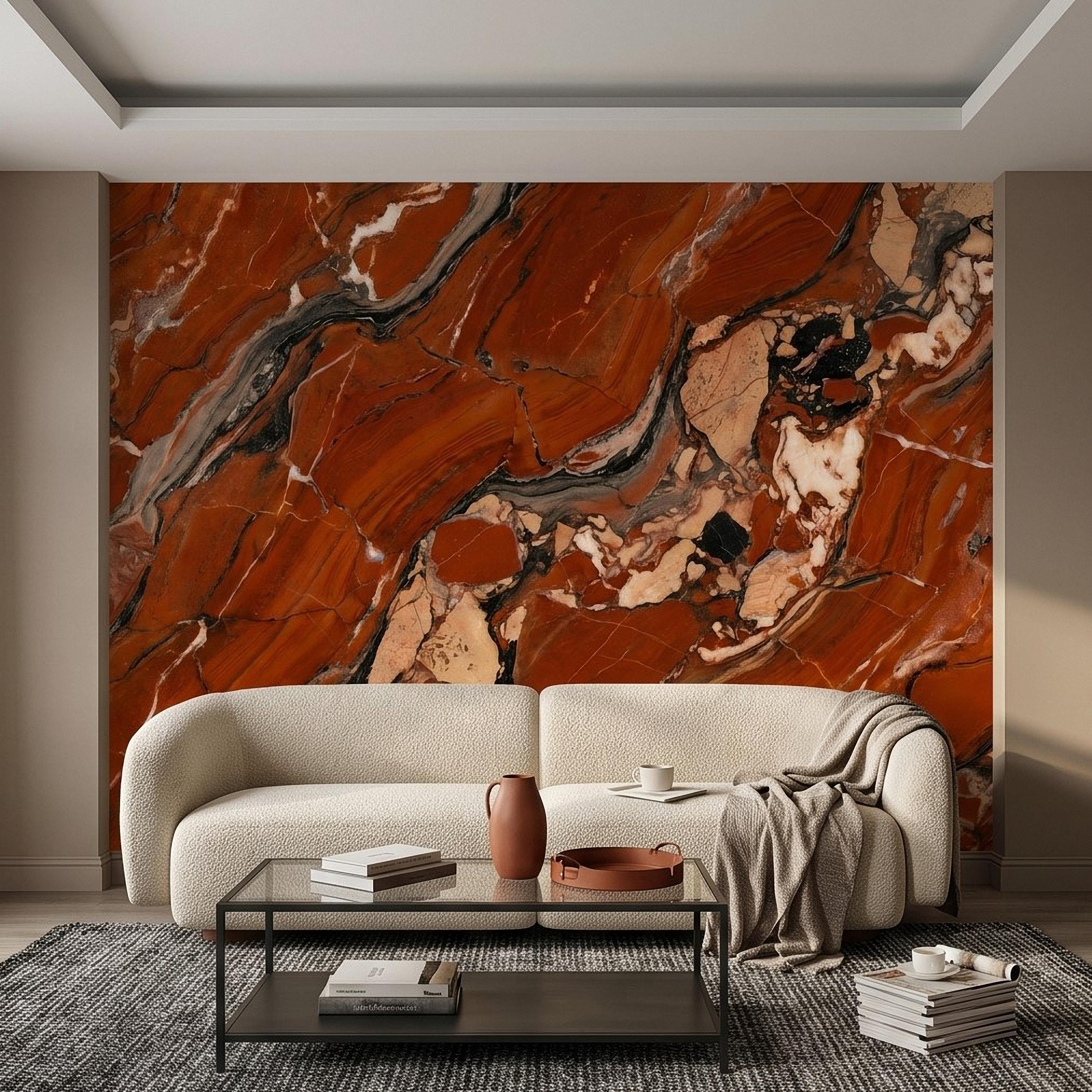 Red Marble Peel and Stick Wall Mural, Breccia Stone Texture, Luxury Natural Onyx Look Modern Wallpaper