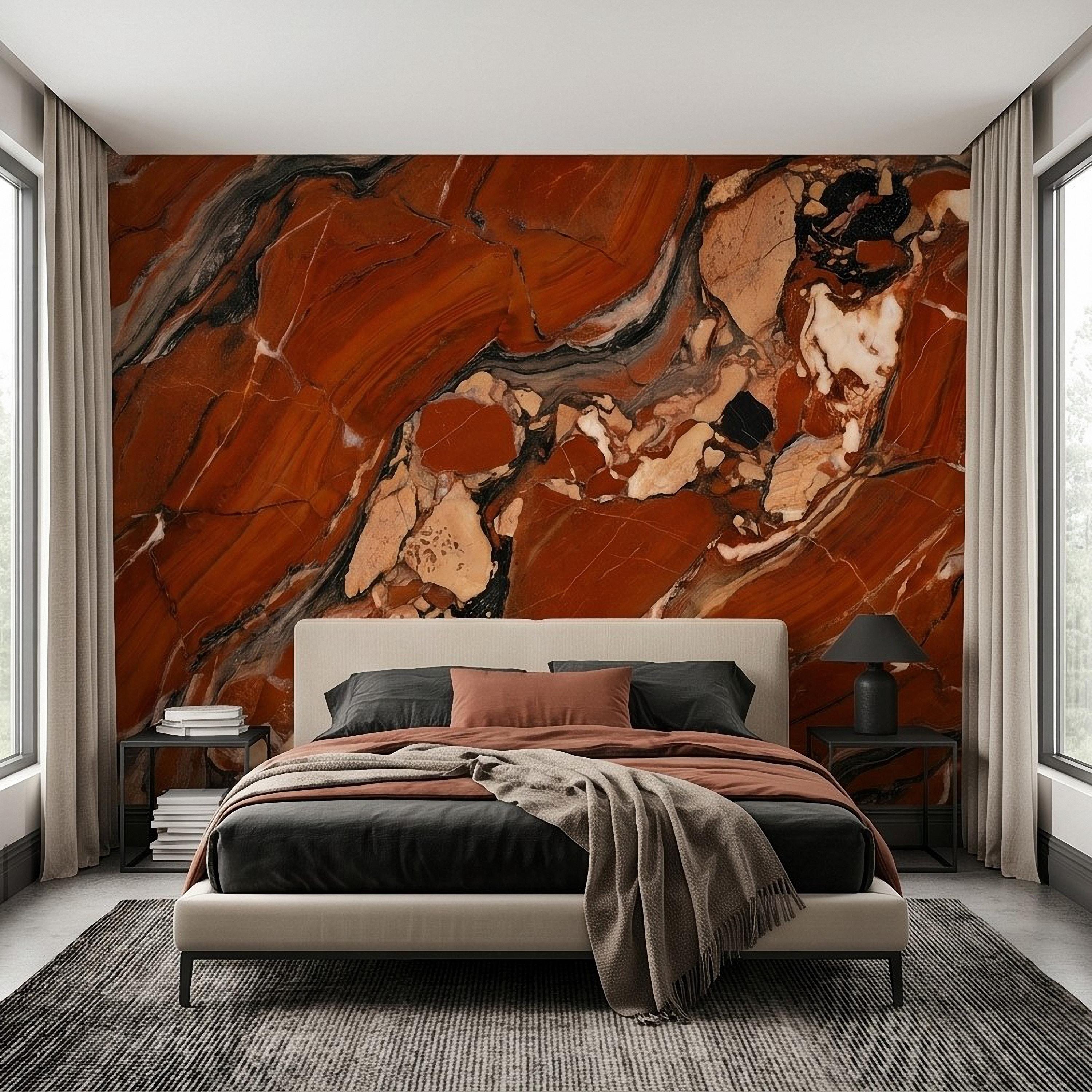 Red Marble Peel and Stick Wall Mural, Breccia Stone Texture, Luxury Natural Onyx Look Modern Wallpaper