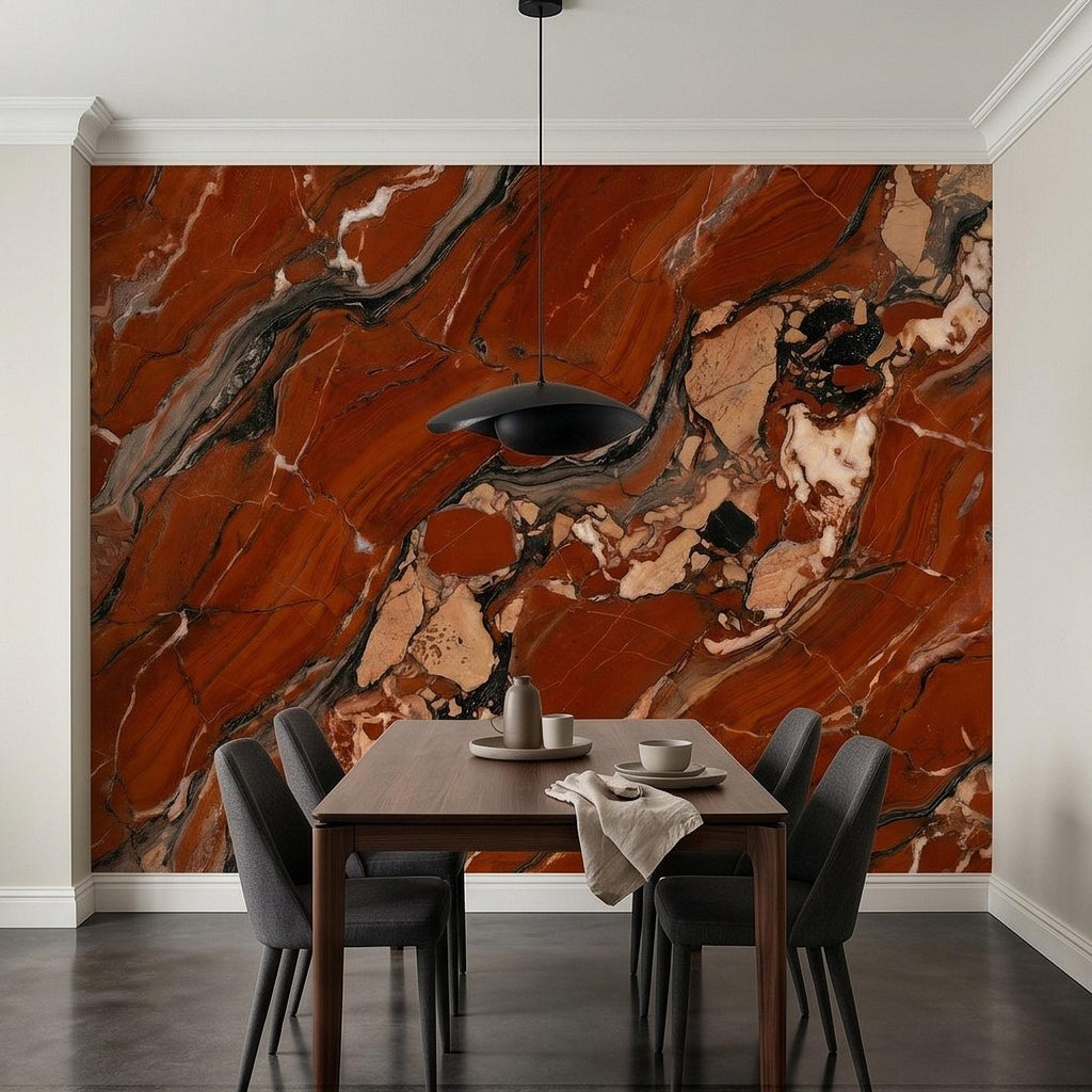 Red Marble Peel and Stick Wall Mural, Breccia Stone Texture, Luxury Natural Onyx Look Modern Wallpaper
