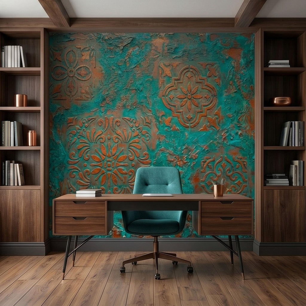 Moroccan Tile Peel and Stick Wall Mural, Rustic Turquoise Patina Texture, Boho Mediterranean Distressed Wallpaper