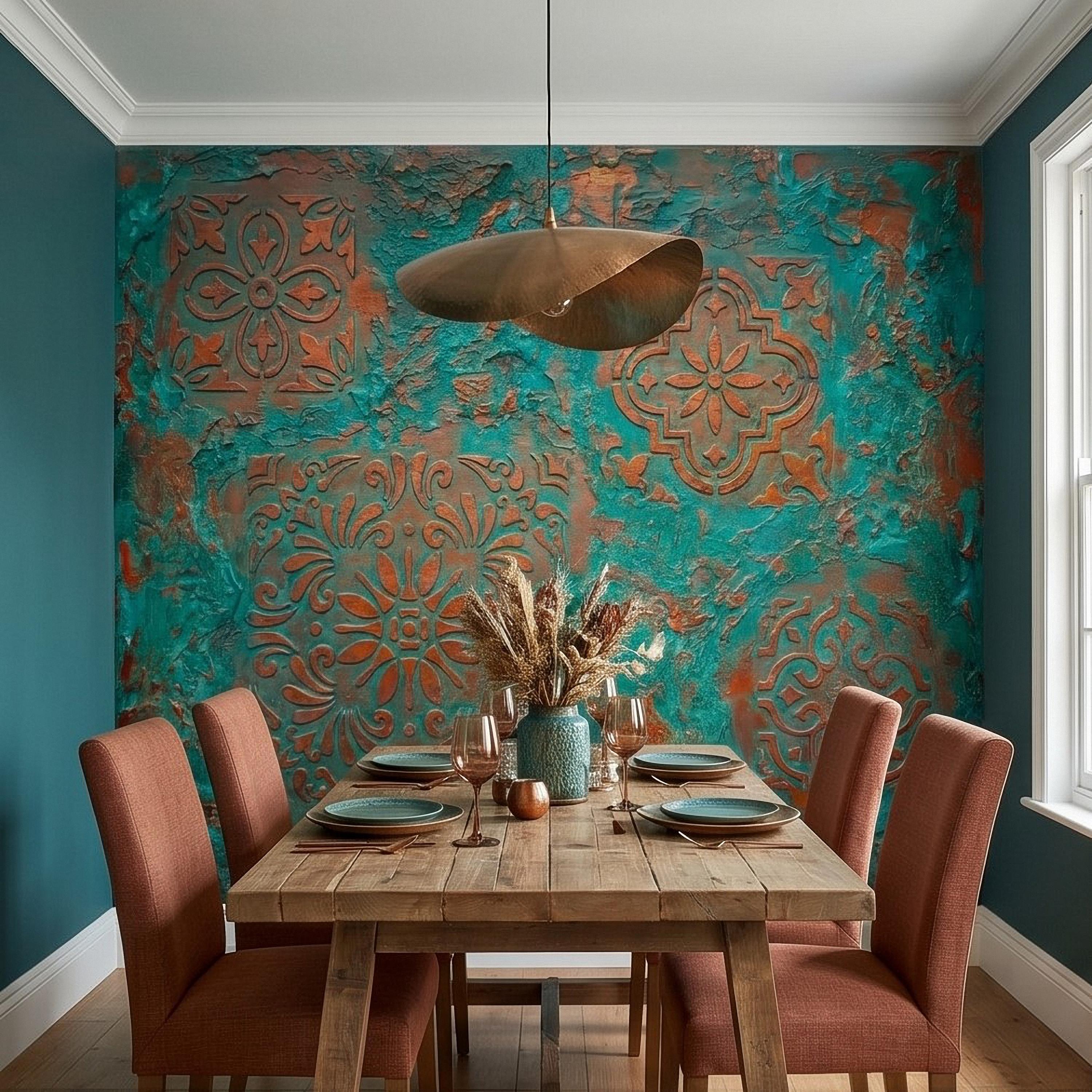 Moroccan Tile Peel and Stick Wall Mural, Rustic Turquoise Patina Texture, Boho Mediterranean Distressed Wallpaper