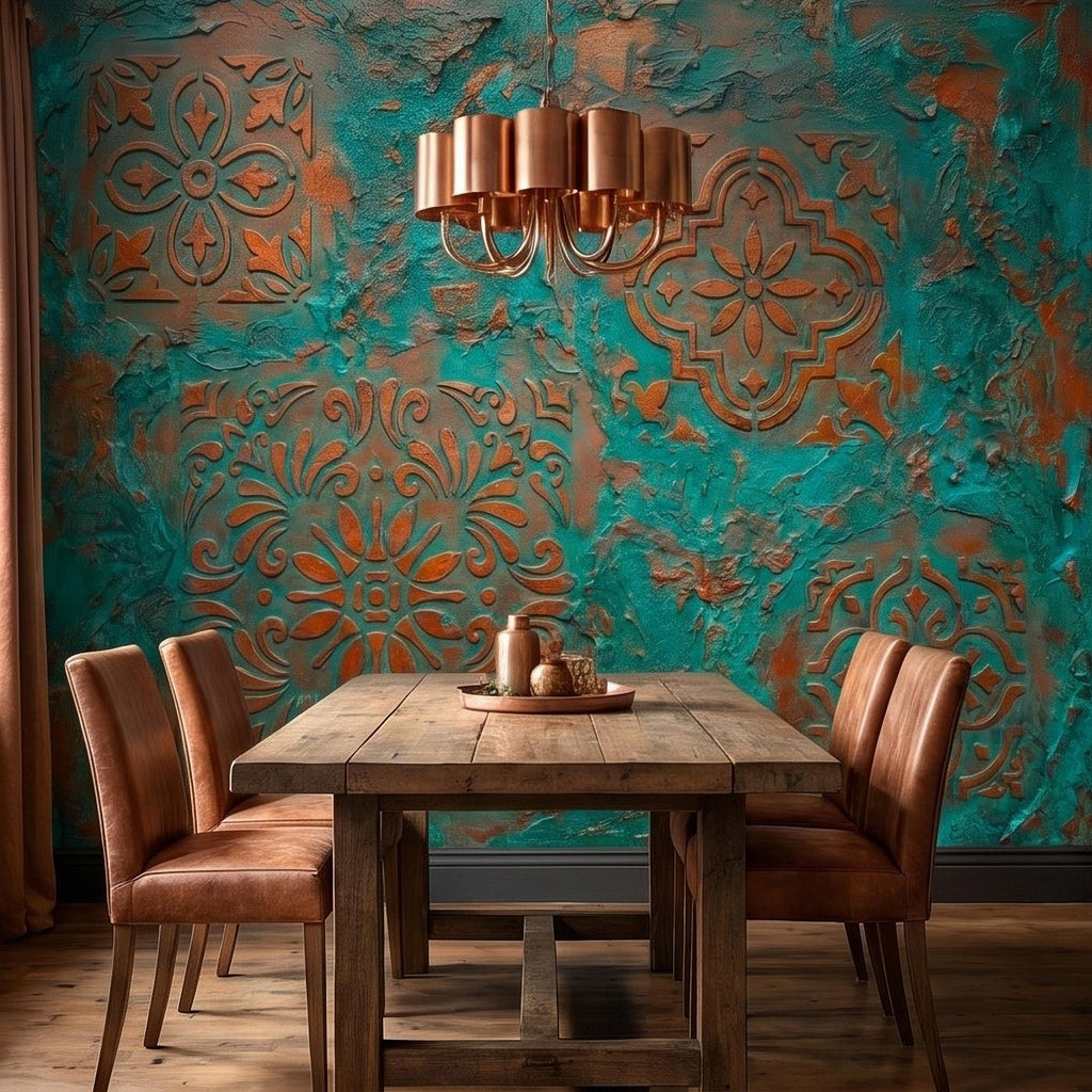 Moroccan Tile Peel and Stick Wall Mural, Rustic Turquoise Patina Texture, Boho Mediterranean Distressed Wallpaper
