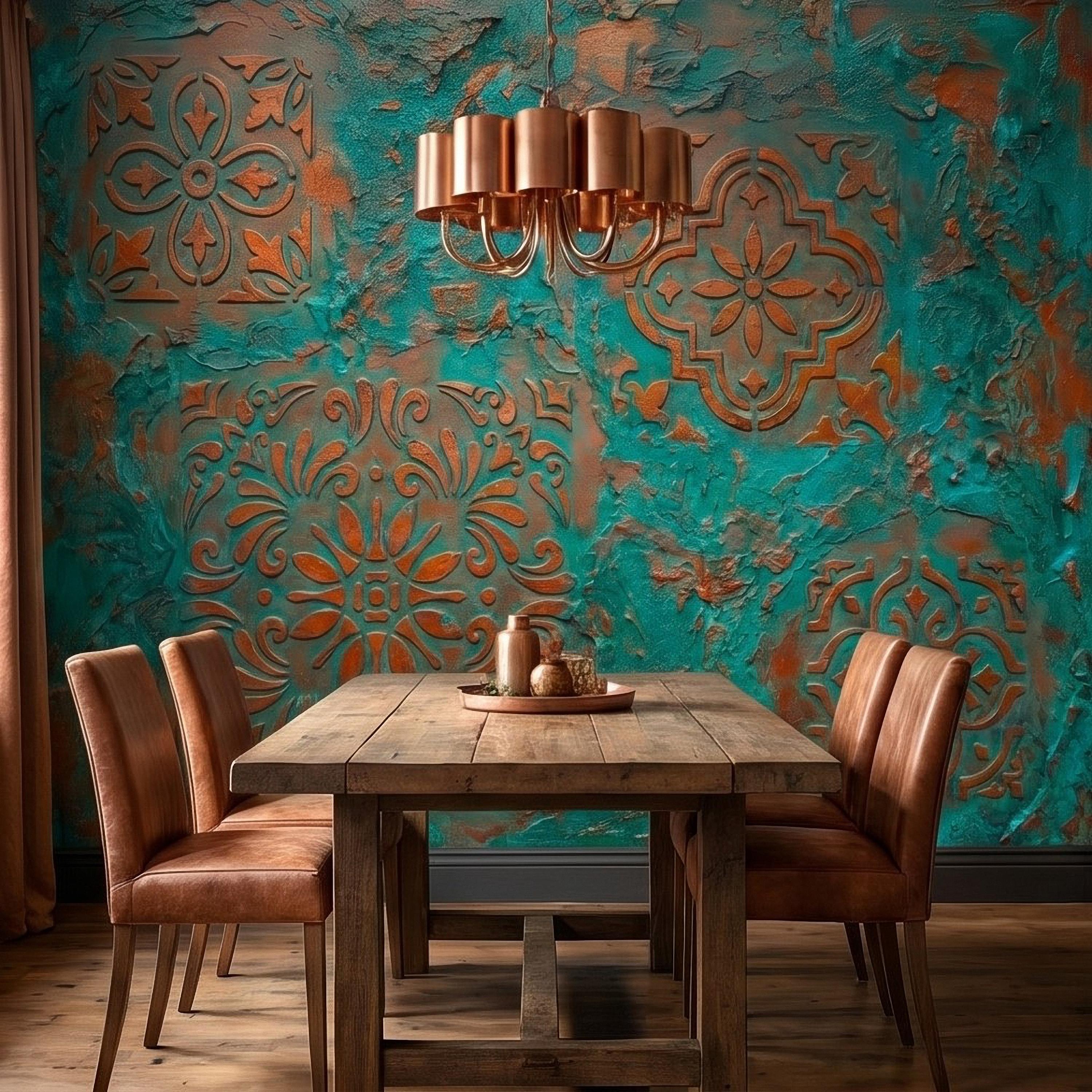 Moroccan Tile Peel and Stick Wall Mural, Rustic Turquoise Patina Texture, Boho Mediterranean Distressed Wallpaper