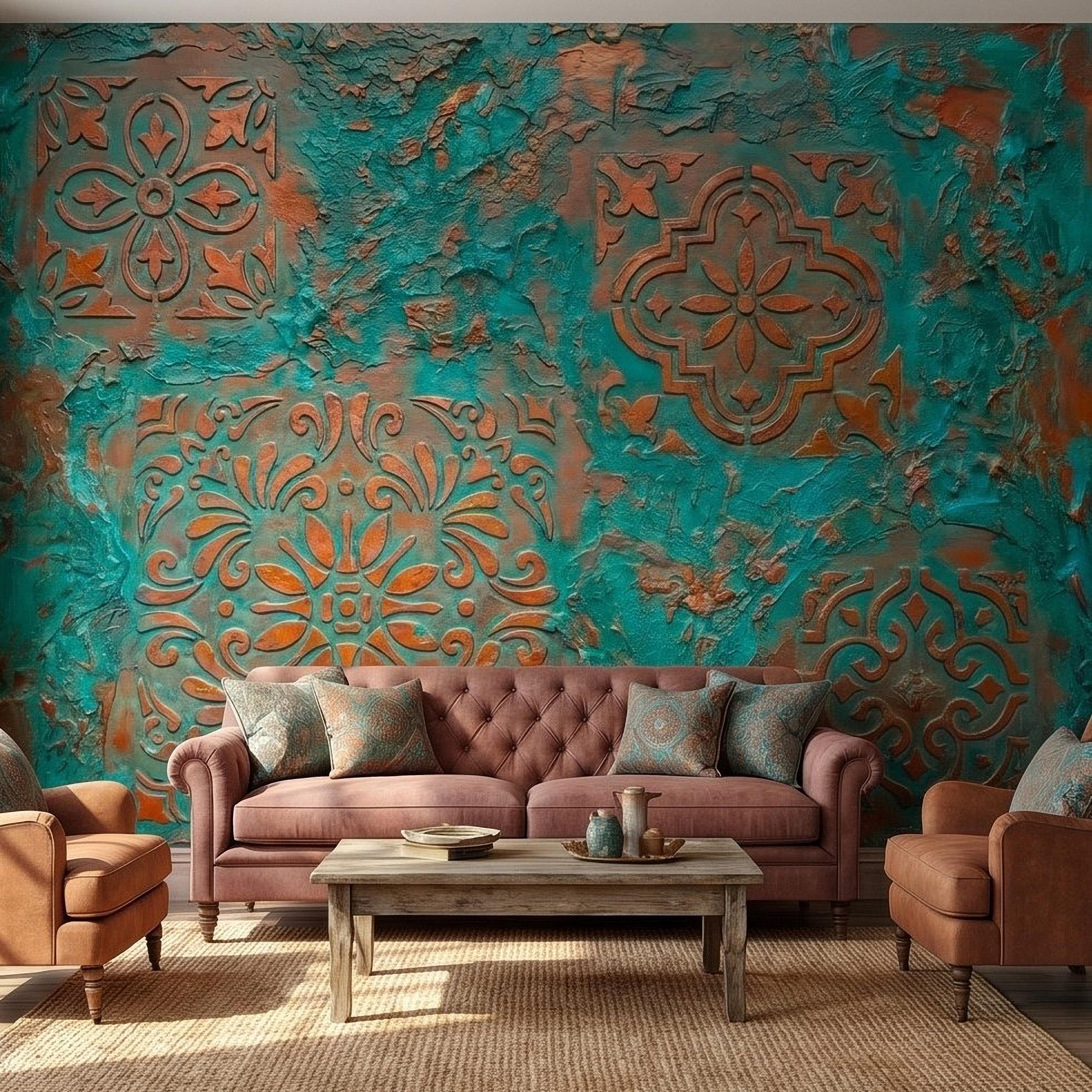Moroccan Tile Peel and Stick Wall Mural, Rustic Turquoise Patina Texture, Boho Mediterranean Distressed Wallpaper