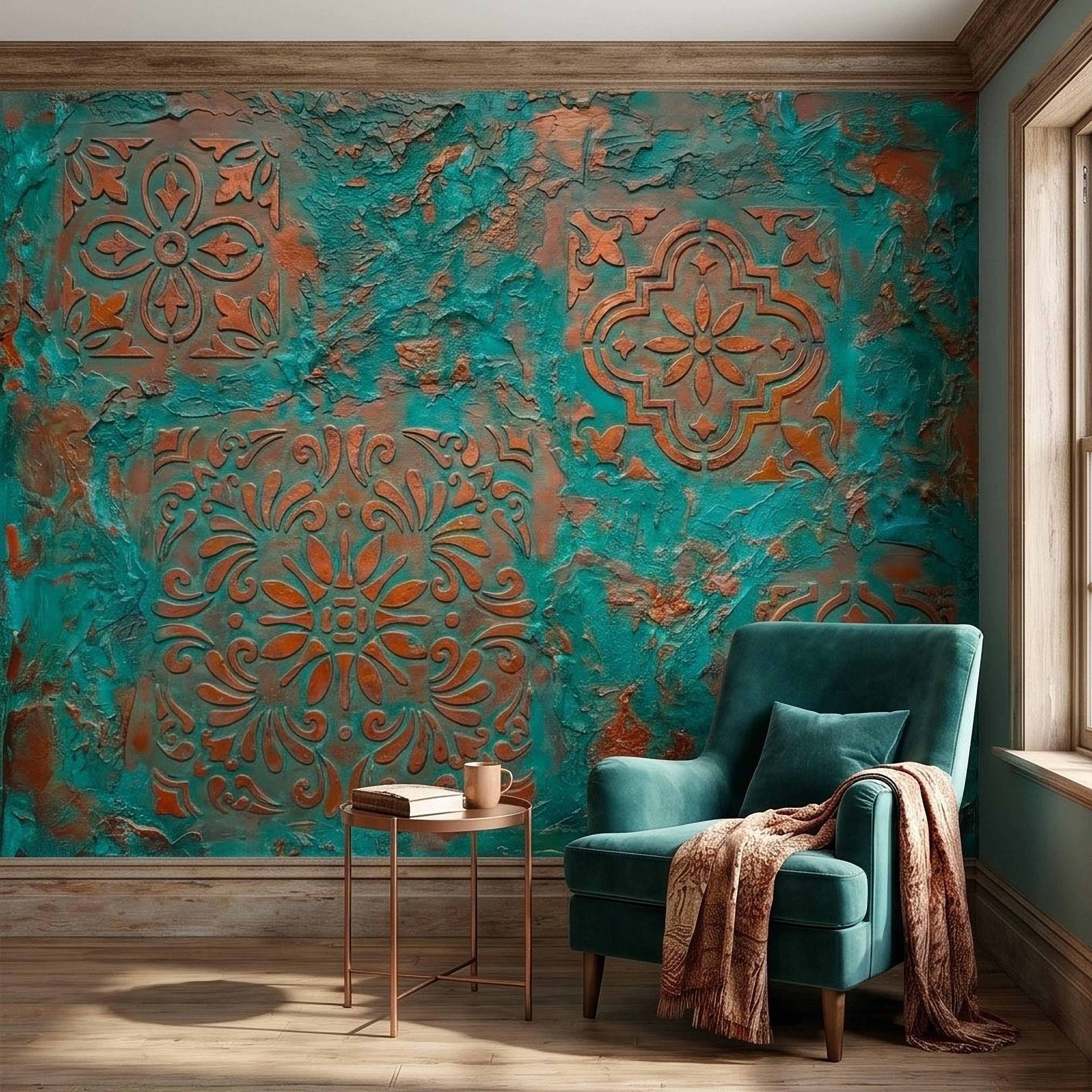 Moroccan Tile Peel and Stick Wall Mural, Rustic Turquoise Patina Texture, Boho Mediterranean Distressed Wallpaper