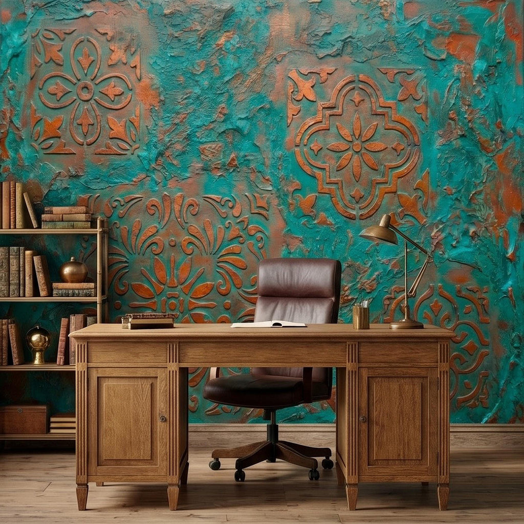 Moroccan Tile Peel and Stick Wall Mural, Rustic Turquoise Patina Texture, Boho Mediterranean Distressed Wallpaper