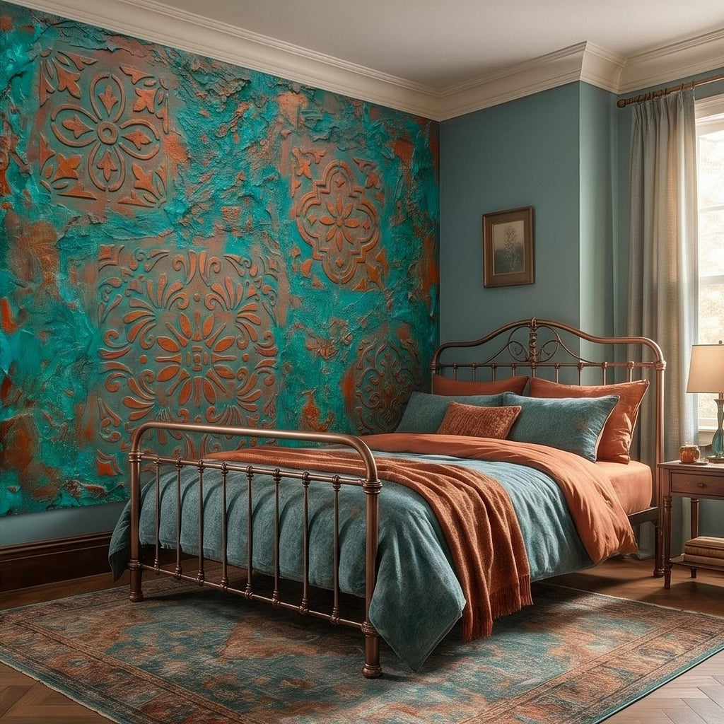 Moroccan Tile Peel and Stick Wall Mural, Rustic Turquoise Patina Texture, Boho Mediterranean Distressed Wallpaper