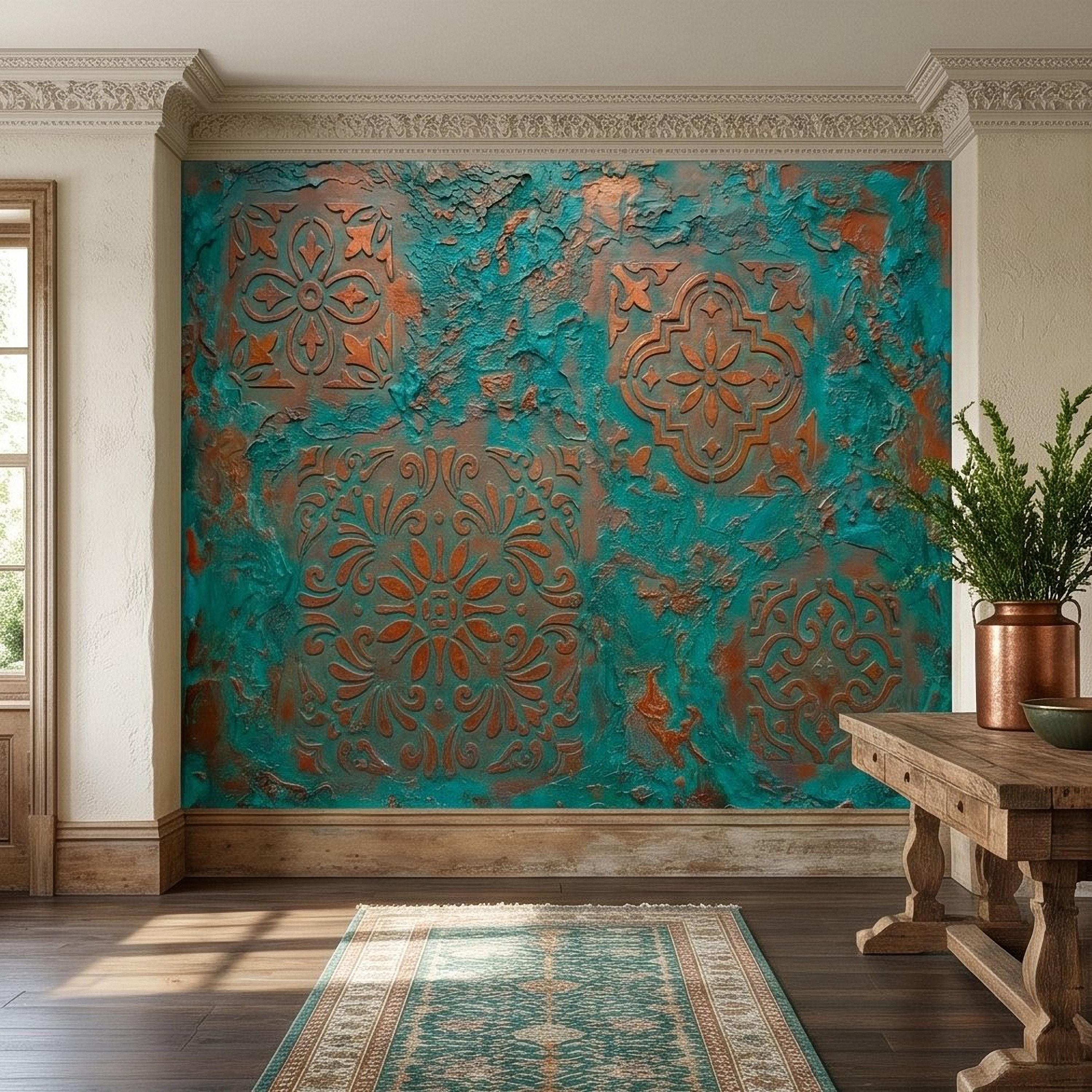 Moroccan Tile Peel and Stick Wall Mural, Rustic Turquoise Patina Texture, Boho Mediterranean Distressed Wallpaper