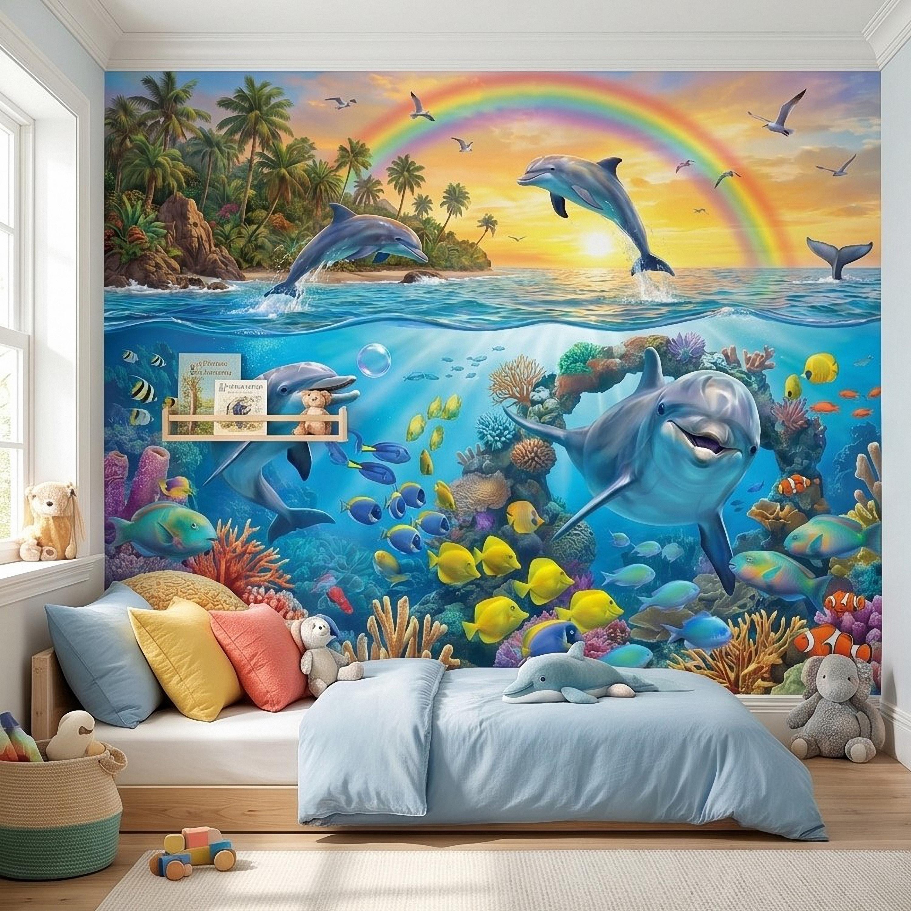 Dolphin Peel and Stick Wall Mural, Underwater Ocean Scene with Coral Reef and Tropical Fish Rainbow Sky Kids Room Wallpaper