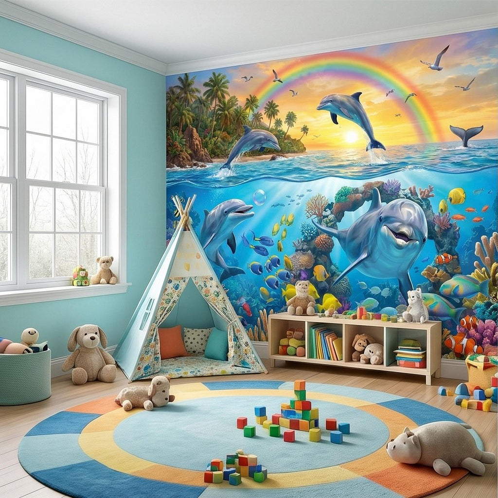 Dolphin Peel and Stick Wall Mural, Underwater Ocean Scene with Coral Reef and Tropical Fish Rainbow Sky Kids Room Wallpaper