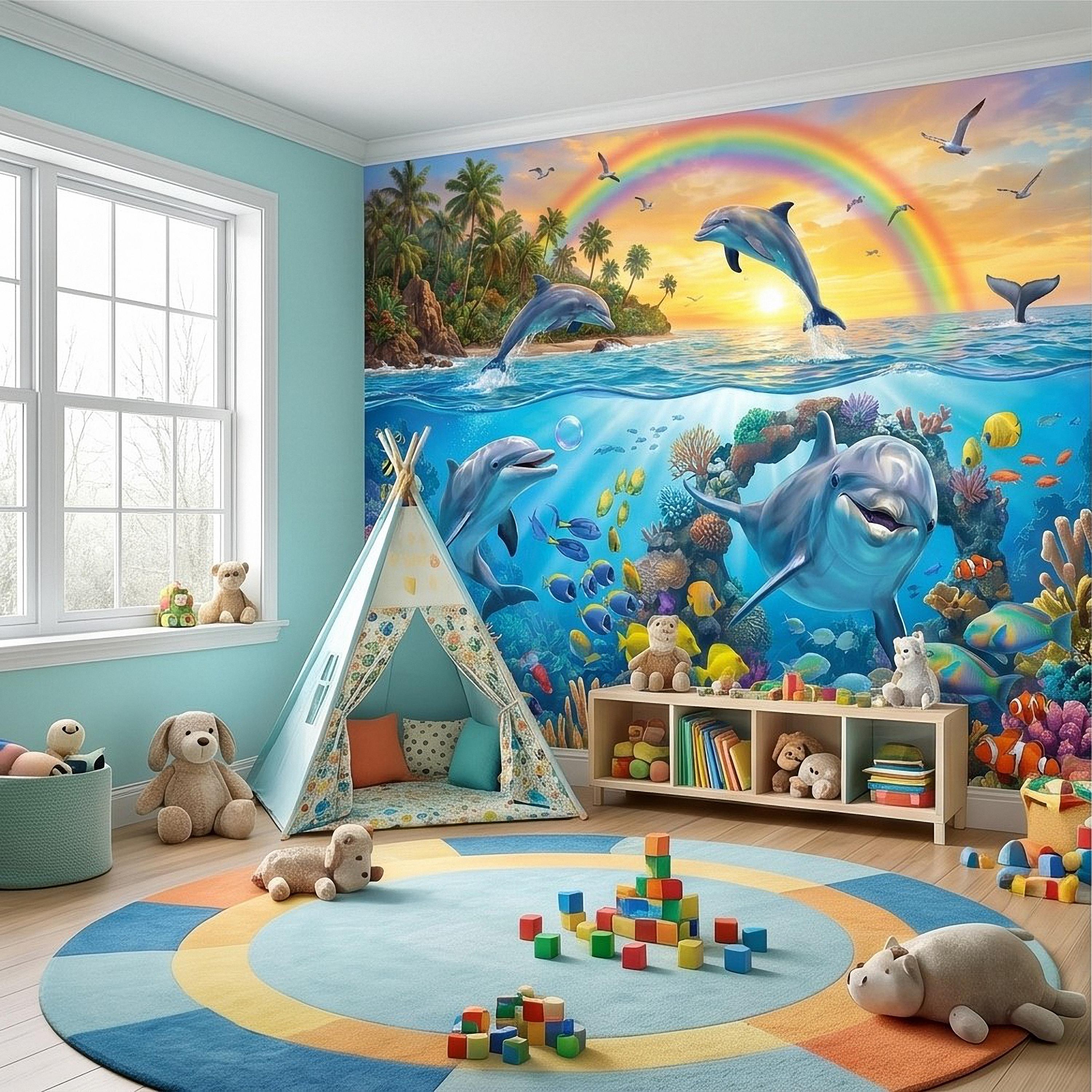 Dolphin Peel and Stick Wall Mural, Underwater Ocean Scene with Coral Reef and Tropical Fish Rainbow Sky Kids Room Wallpaper