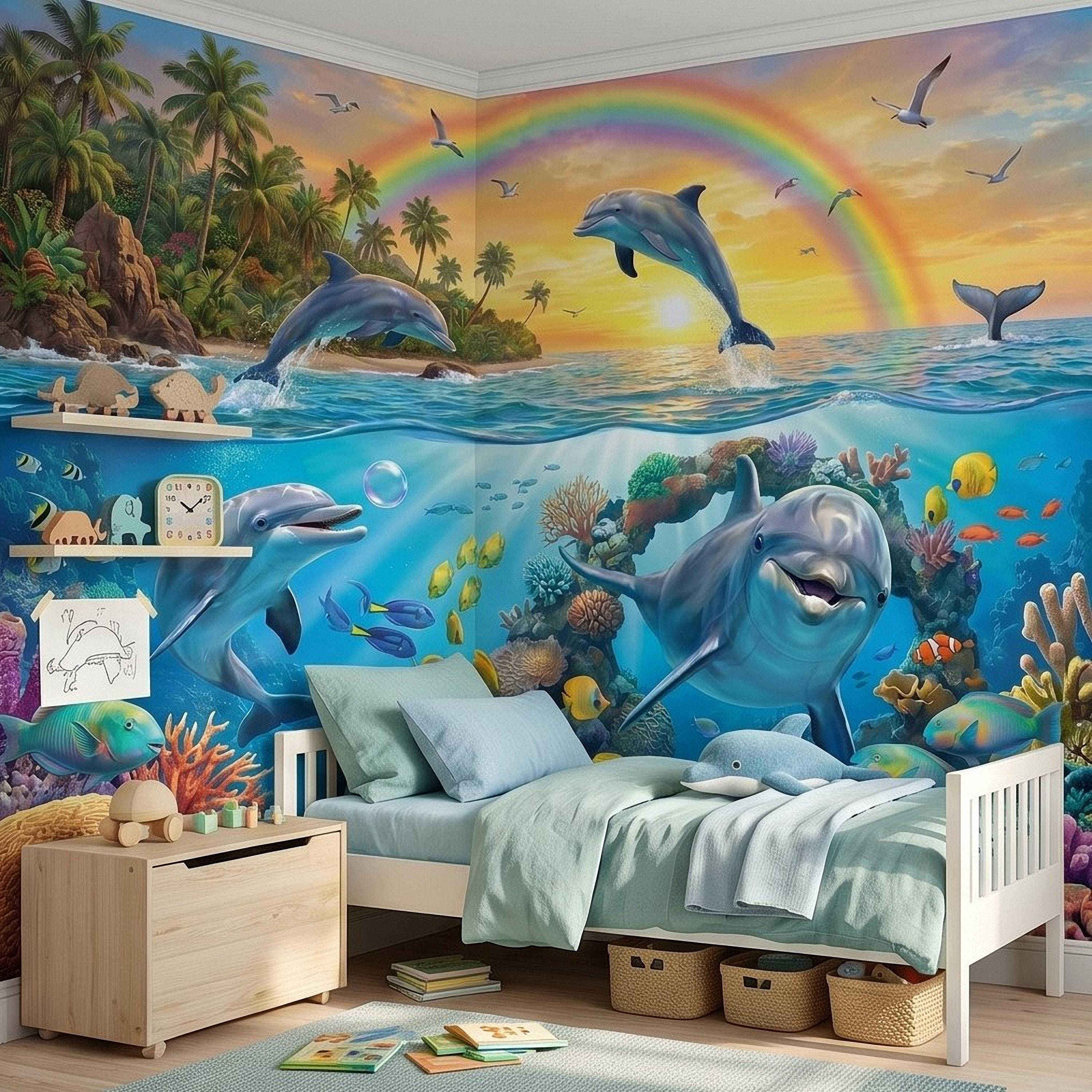 Dolphin Peel and Stick Wall Mural, Underwater Ocean Scene with Coral Reef and Tropical Fish Rainbow Sky Kids Room Wallpaper