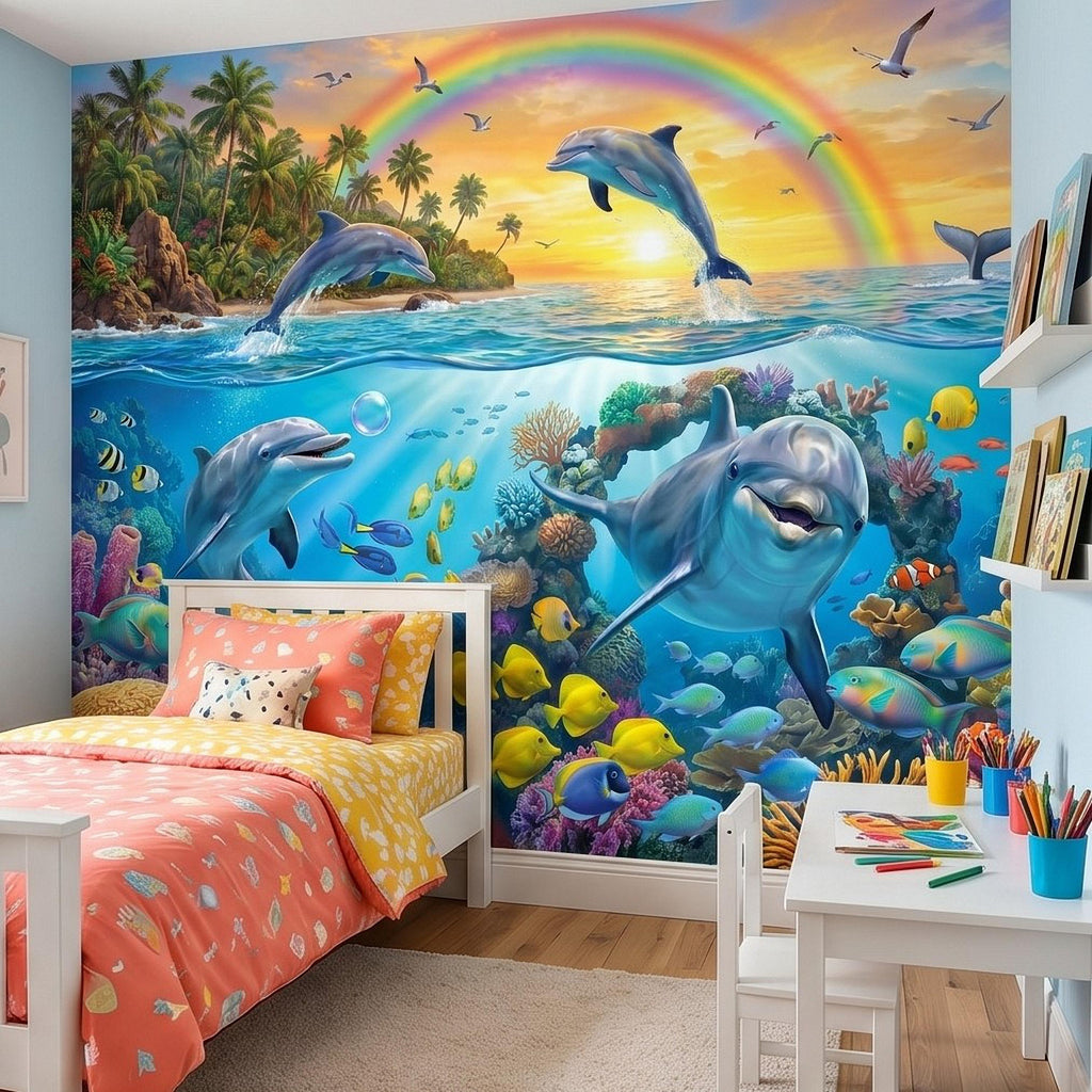 Dolphin Peel and Stick Wall Mural, Underwater Ocean Scene with Coral Reef and Tropical Fish Rainbow Sky Kids Room Wallpaper