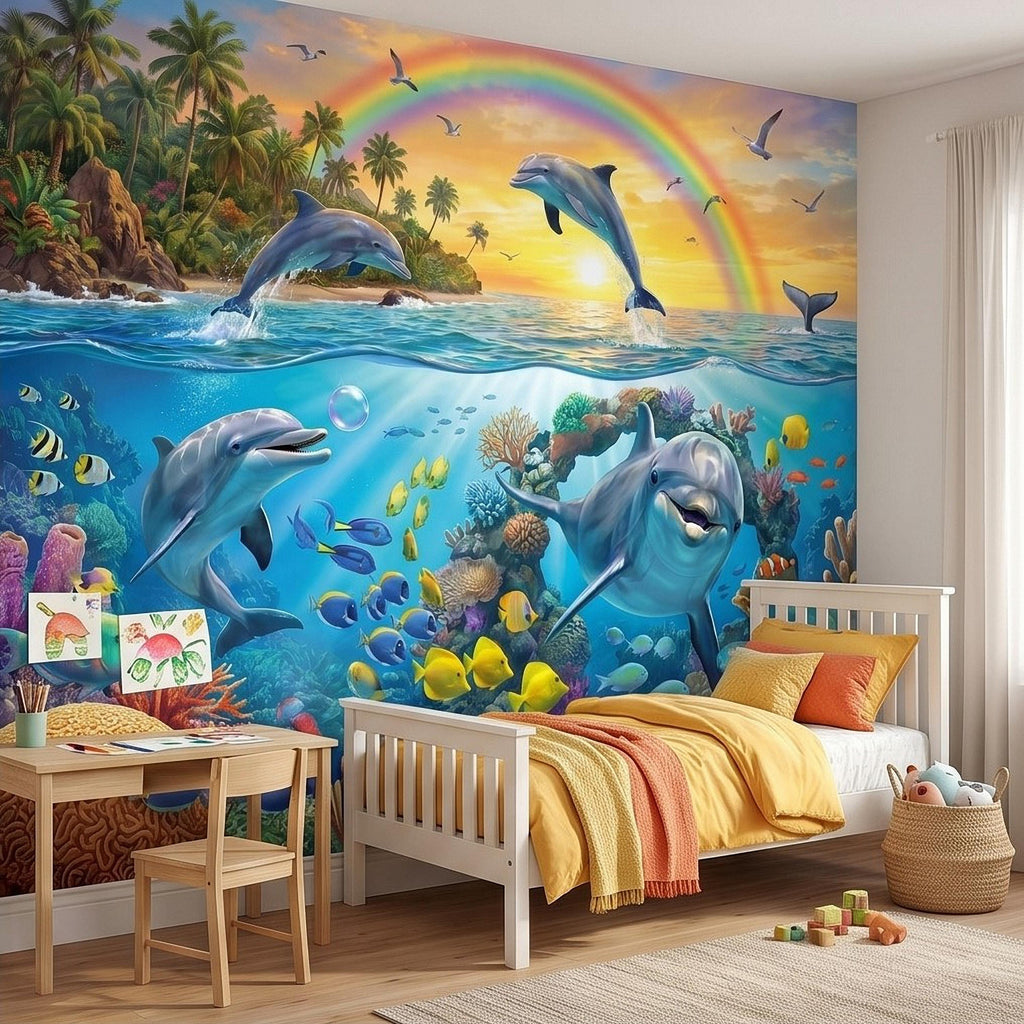 Dolphin Peel and Stick Wall Mural, Underwater Ocean Scene with Coral Reef and Tropical Fish Rainbow Sky Kids Room Wallpaper