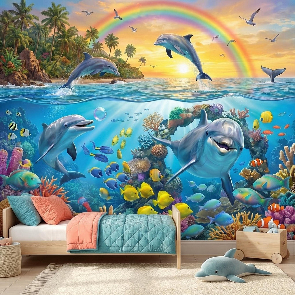 Dolphin Peel and Stick Wall Mural, Underwater Ocean Scene with Coral Reef and Tropical Fish Rainbow Sky Kids Room Wallpaper