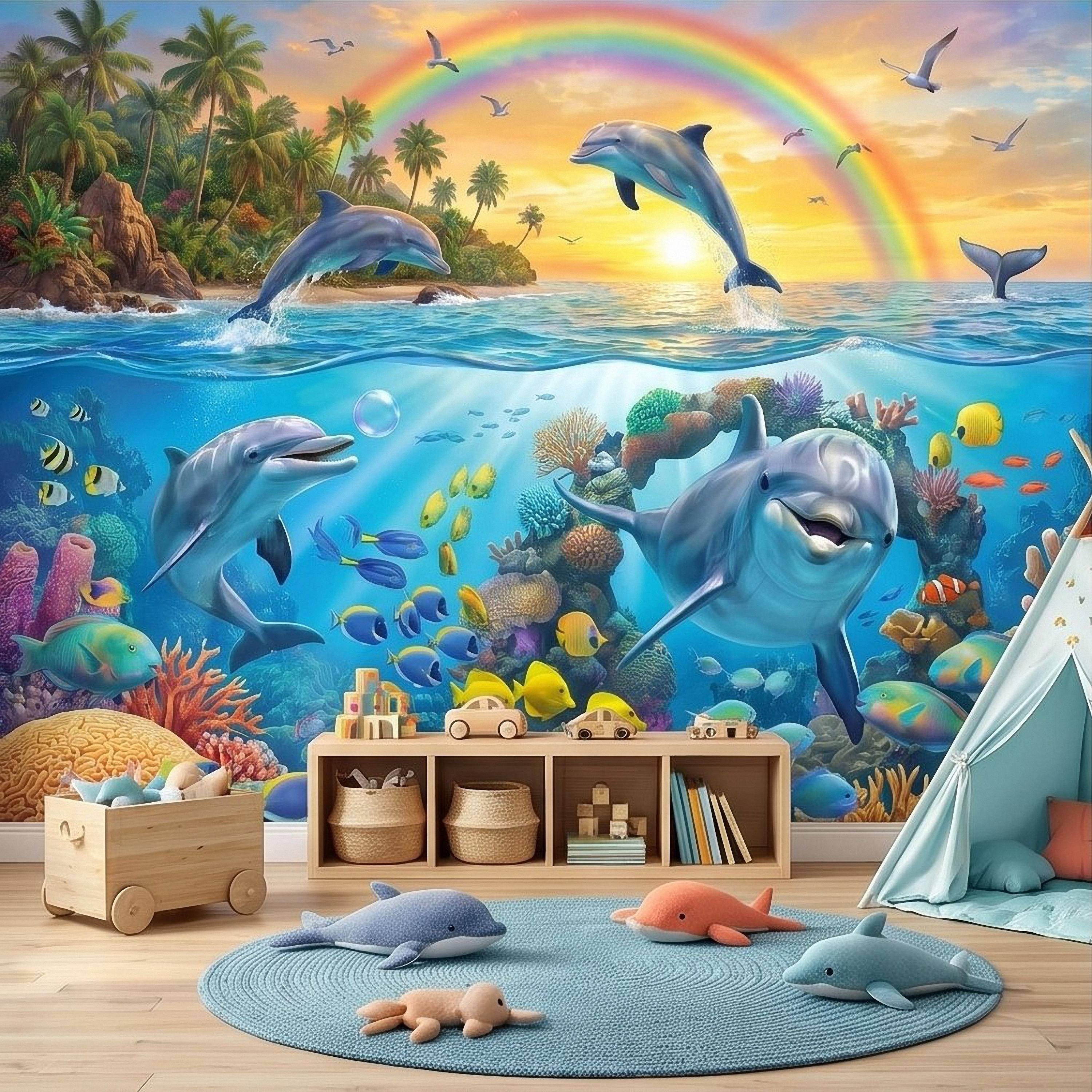 Dolphin Peel and Stick Wall Mural, Underwater Ocean Scene with Coral Reef and Tropical Fish Rainbow Sky Kids Room Wallpaper