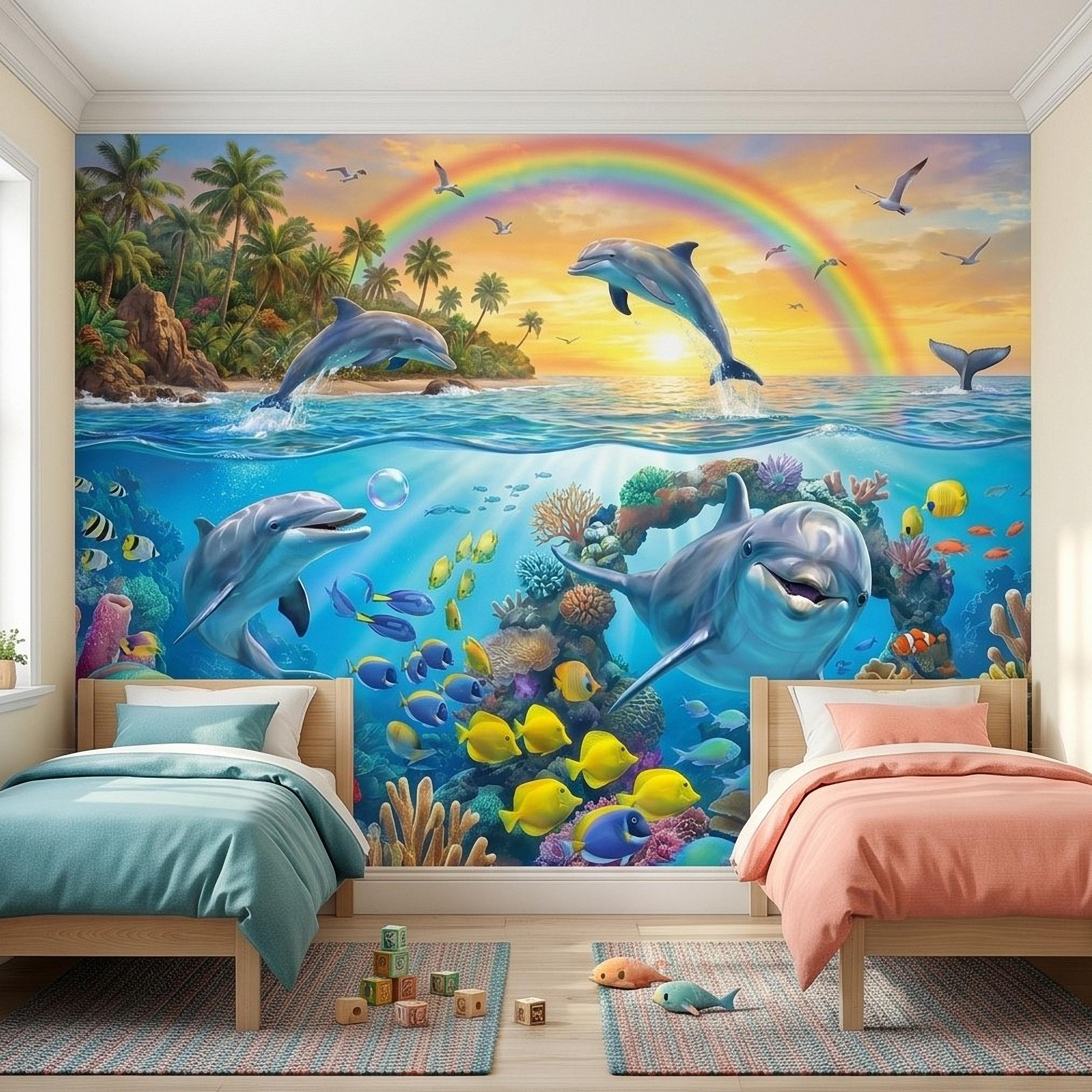 Dolphin Peel and Stick Wall Mural, Underwater Ocean Scene with Coral Reef and Tropical Fish Rainbow Sky Kids Room Wallpaper