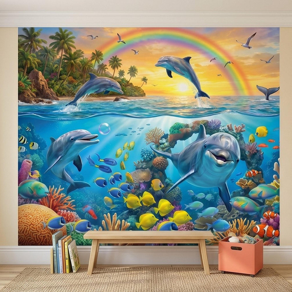 Dolphin Peel and Stick Wall Mural, Underwater Ocean Scene with Coral Reef and Tropical Fish Rainbow Sky Kids Room Wallpaper