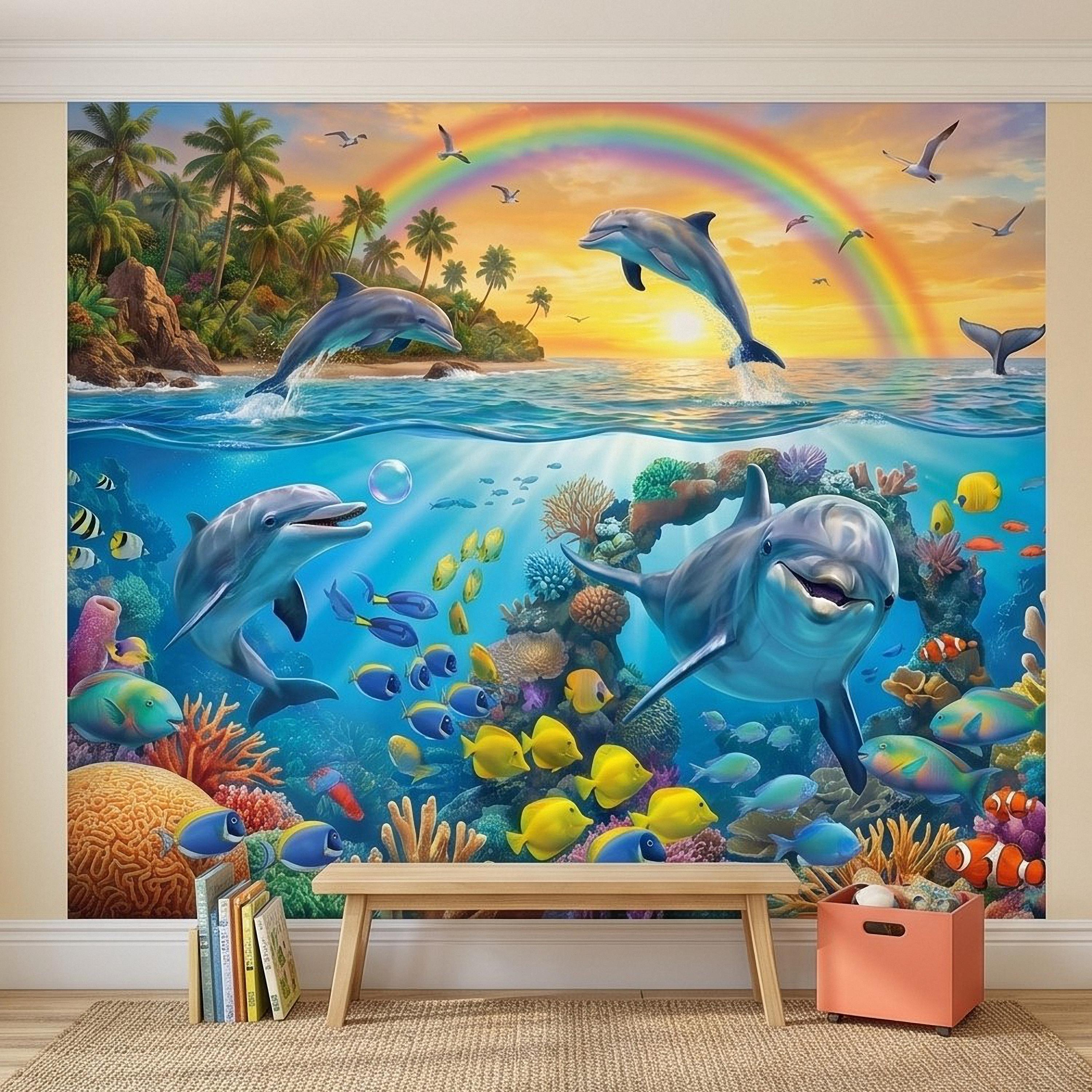 Dolphin Peel and Stick Wall Mural, Underwater Ocean Scene with Coral Reef and Tropical Fish Rainbow Sky Kids Room Wallpaper