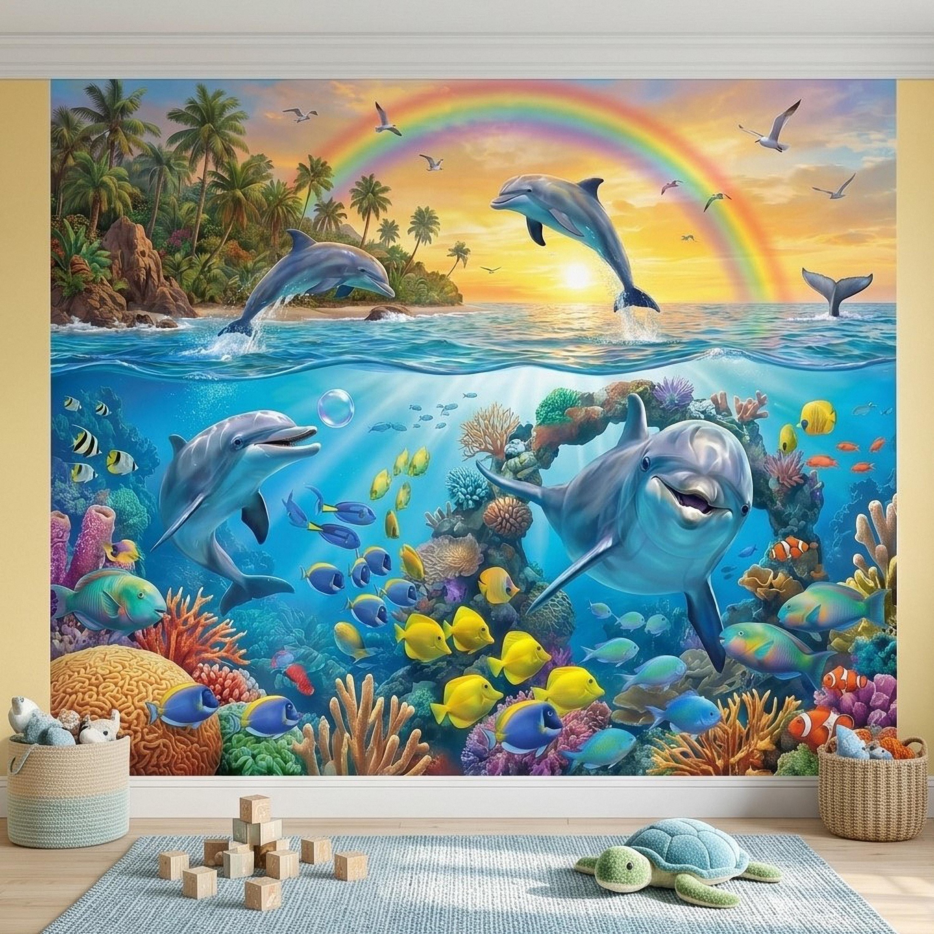 Dolphin Peel and Stick Wall Mural, Underwater Ocean Scene with Coral Reef and Tropical Fish Rainbow Sky Kids Room Wallpaper