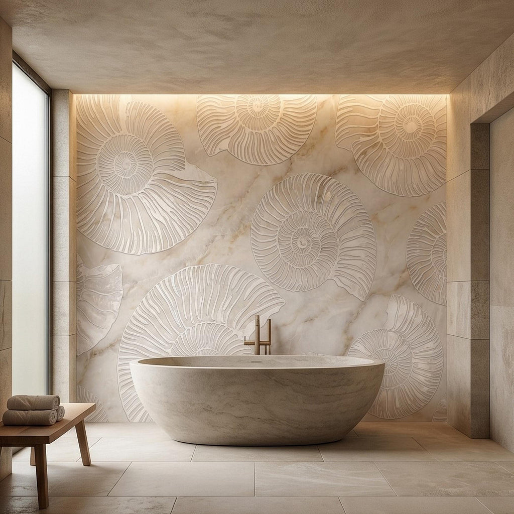 Ammonite Fossil Peel and Stick Wall Mural, Neutral Marble Texture, Coastal Spa Stone Pattern Wallpaper