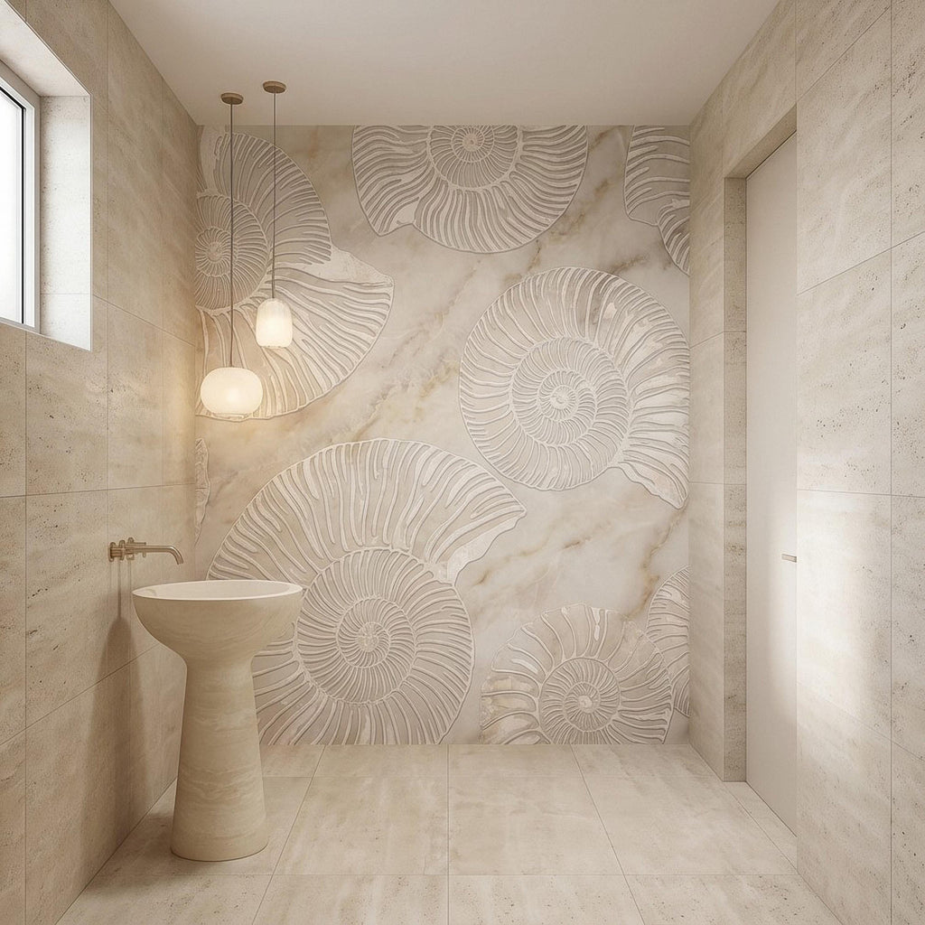 Ammonite Fossil Peel and Stick Wall Mural, Neutral Marble Texture, Coastal Spa Stone Pattern Wallpaper