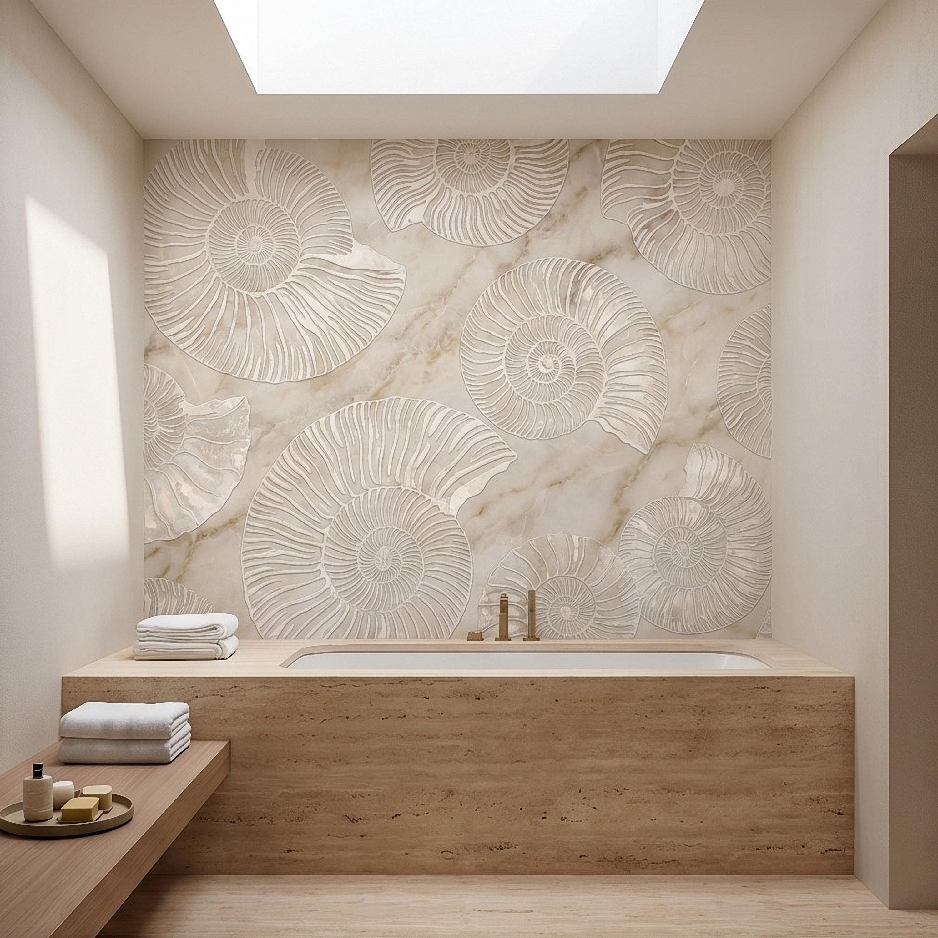 Ammonite Fossil Peel and Stick Wall Mural, Neutral Marble Texture, Coastal Spa Stone Pattern Wallpaper
