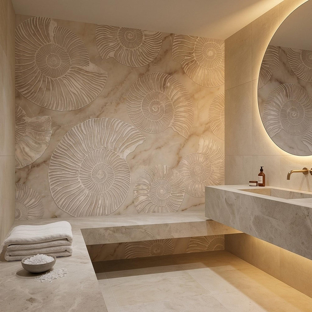 Ammonite Fossil Peel and Stick Wall Mural, Neutral Marble Texture, Coastal Spa Stone Pattern Wallpaper