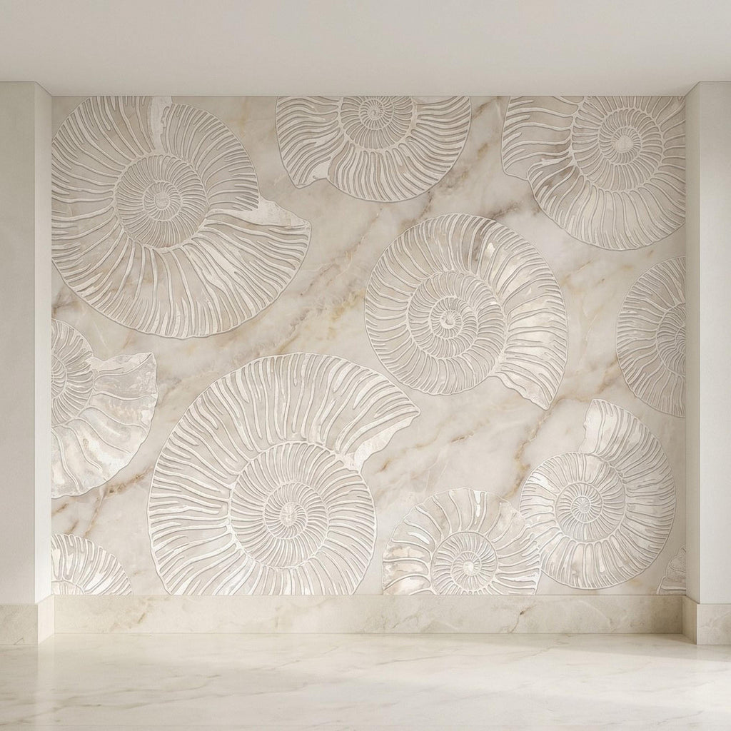 Ammonite Fossil Peel and Stick Wall Mural, Neutral Marble Texture, Coastal Spa Stone Pattern Wallpaper