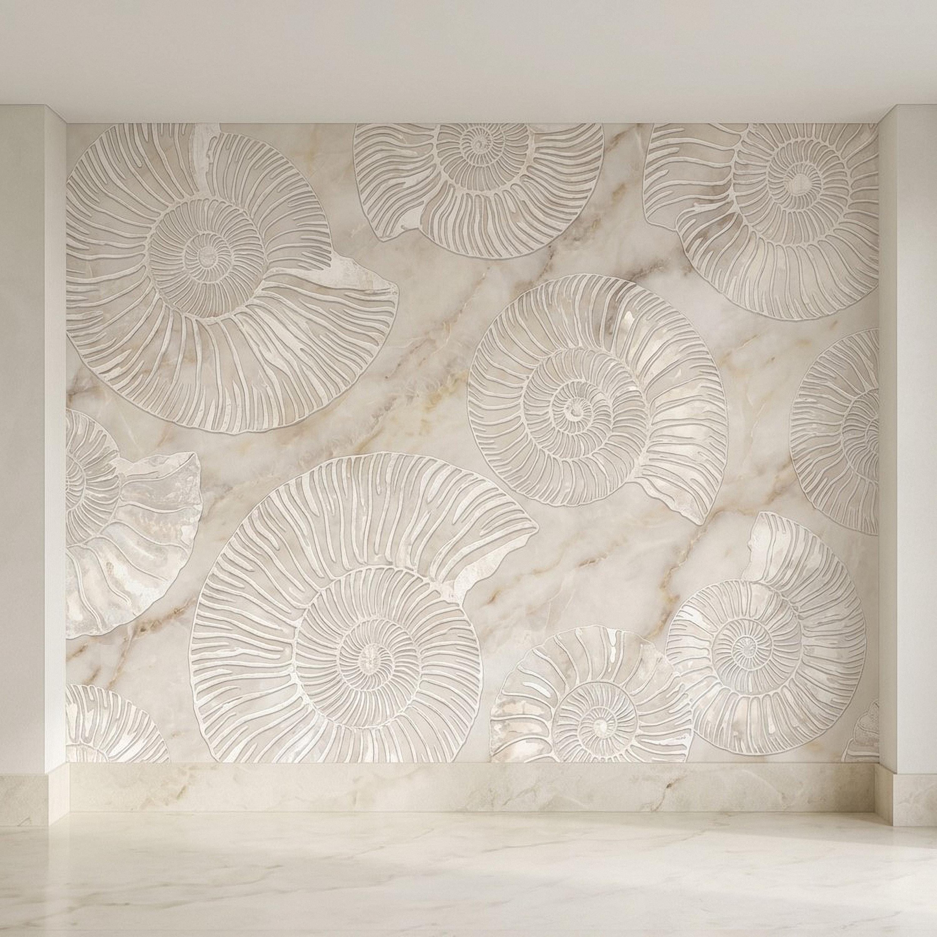 Ammonite Fossil Peel and Stick Wall Mural, Neutral Marble Texture, Coastal Spa Stone Pattern Wallpaper