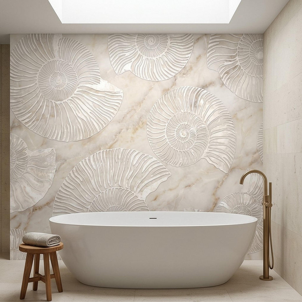 Ammonite Fossil Peel and Stick Wall Mural, Neutral Marble Texture, Coastal Spa Stone Pattern Wallpaper