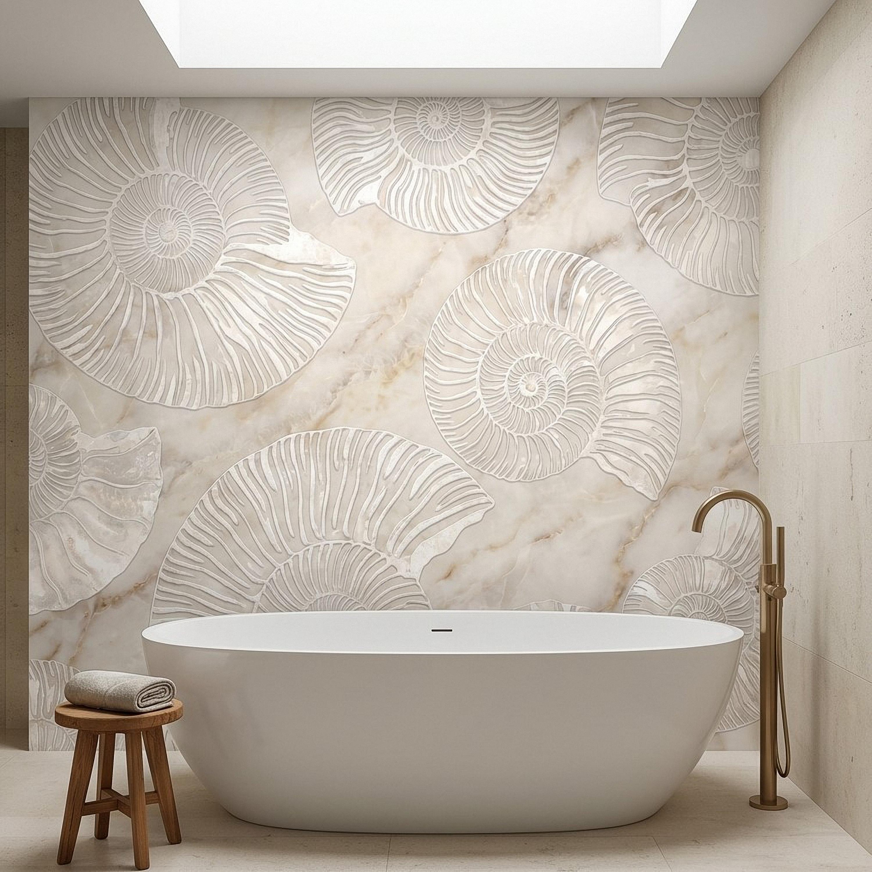 Ammonite Fossil Peel and Stick Wall Mural, Neutral Marble Texture, Coastal Spa Stone Pattern Wallpaper