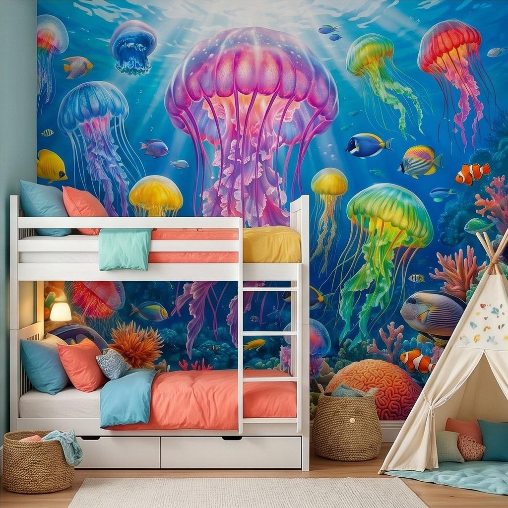 Jellyfish Peel and Stick Wall Mural, Underwater Ocean Scene with Coral Reef and Tropical Fish, Colorful Sea Life Kids Room Wallpaper