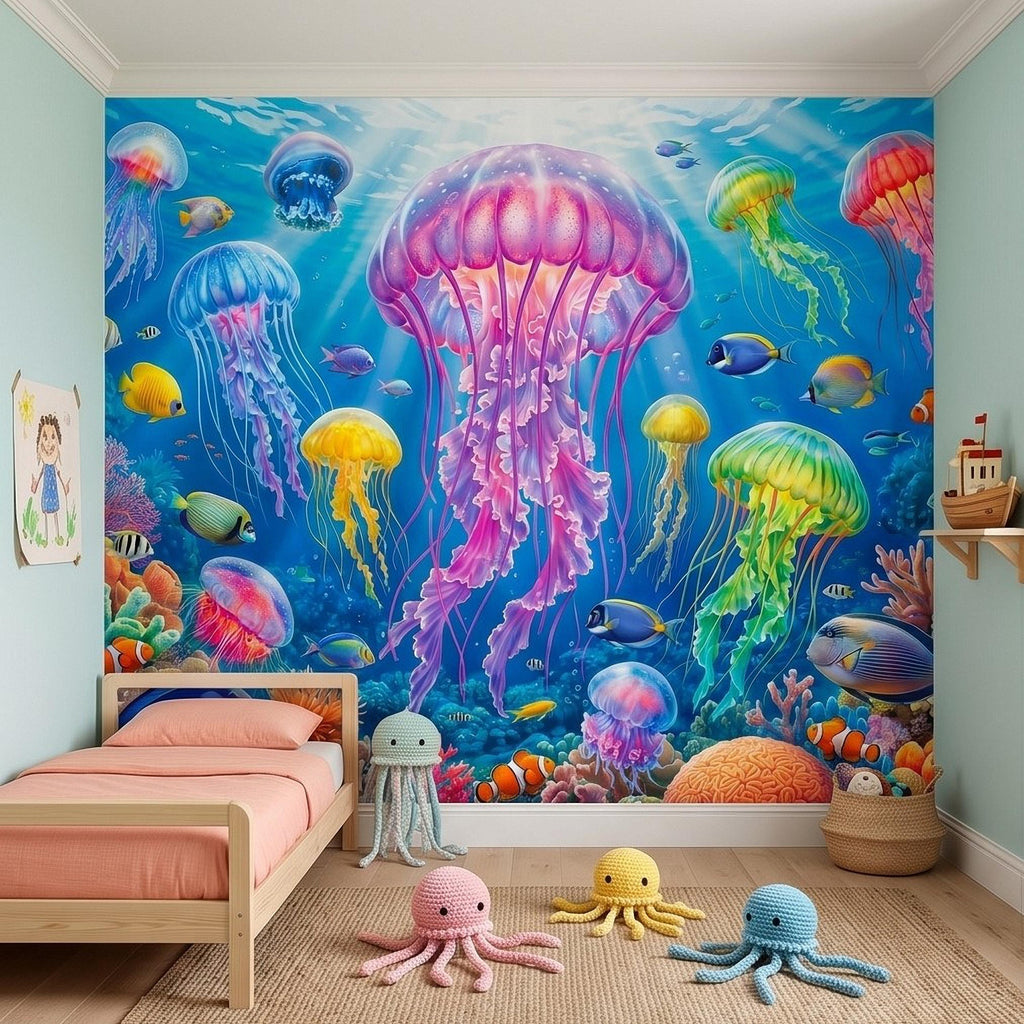 Jellyfish Peel and Stick Wall Mural, Underwater Ocean Scene with Coral Reef and Tropical Fish, Colorful Sea Life Kids Room Wallpaper