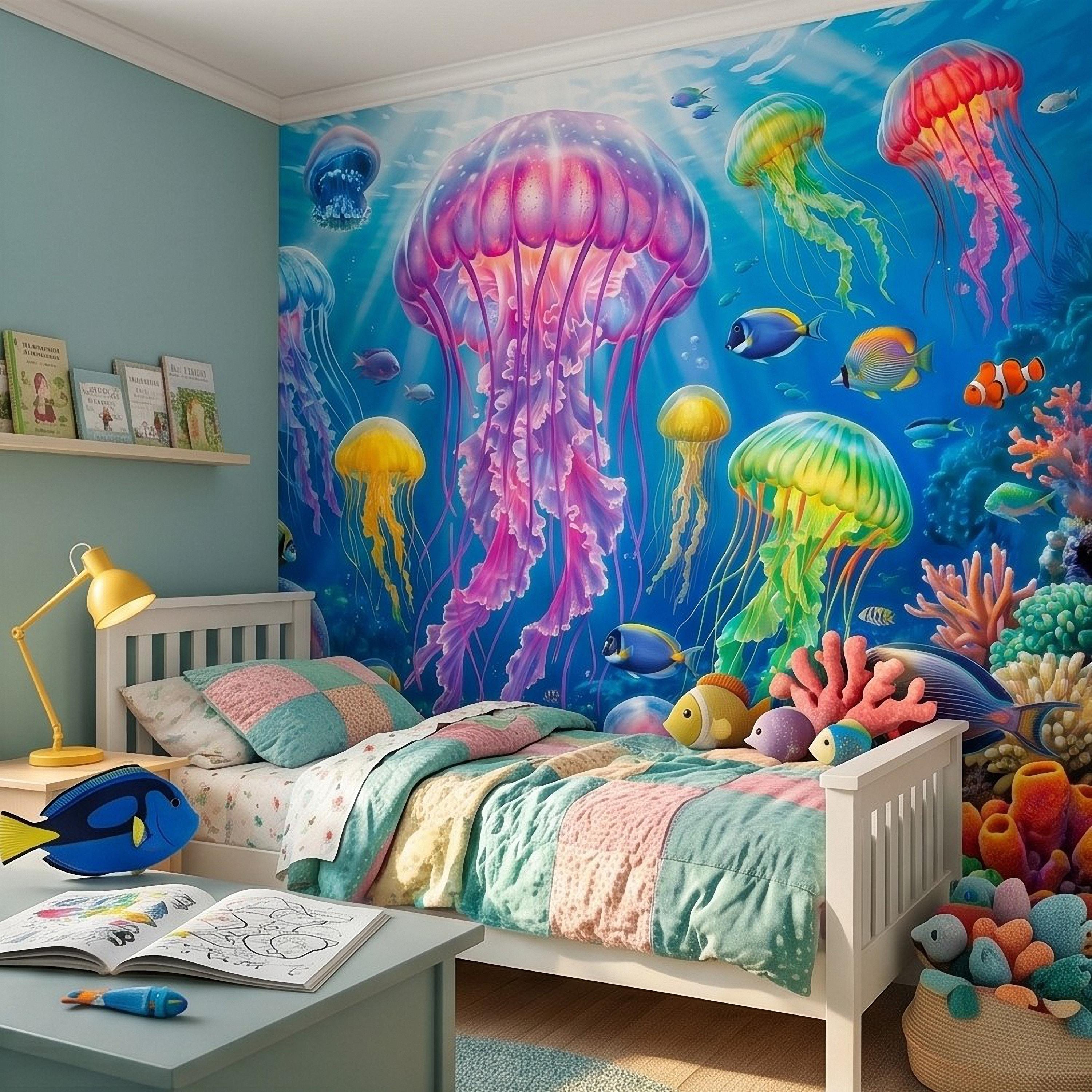 Jellyfish Peel and Stick Wall Mural, Underwater Ocean Scene with Coral Reef and Tropical Fish, Colorful Sea Life Kids Room Wallpaper