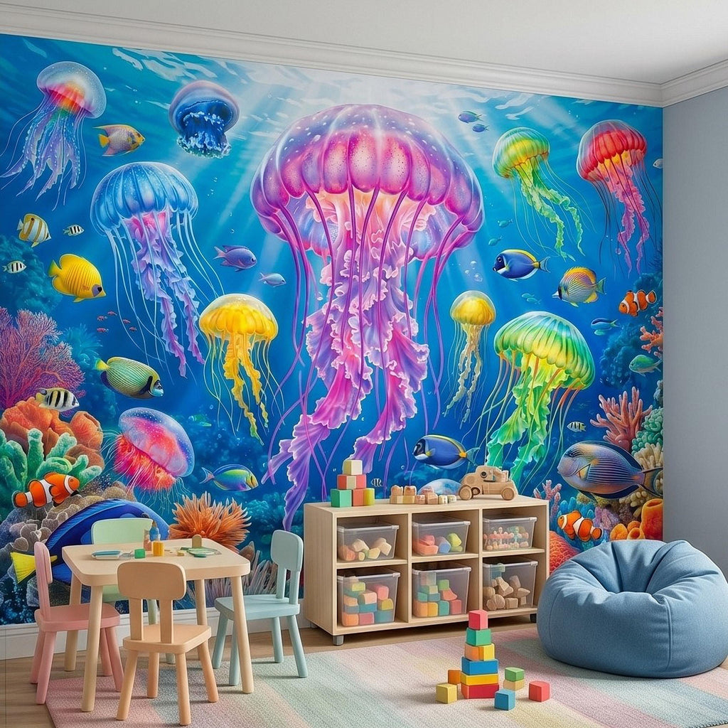 Jellyfish Peel and Stick Wall Mural, Underwater Ocean Scene with Coral Reef and Tropical Fish, Colorful Sea Life Kids Room Wallpaper