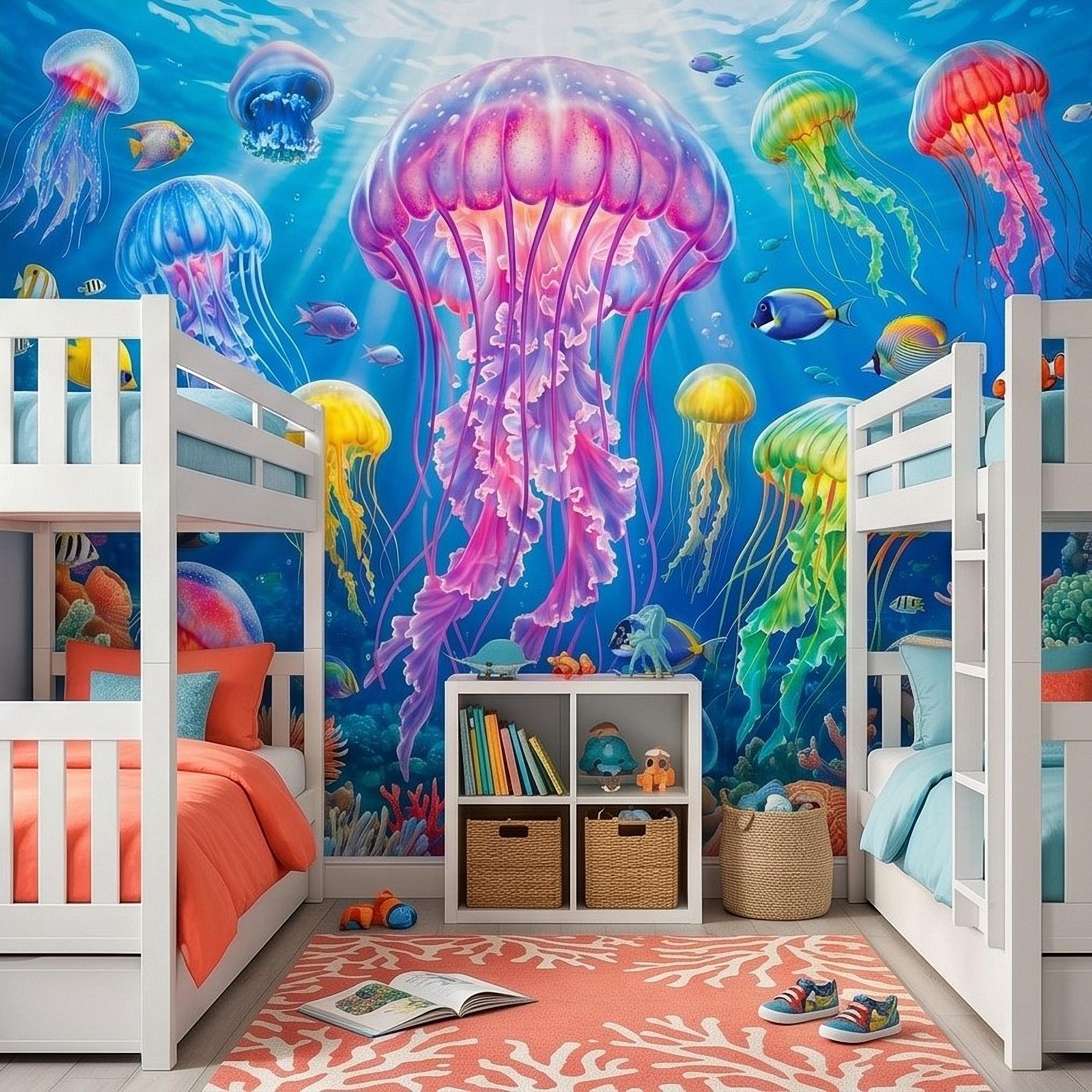 Jellyfish Peel and Stick Wall Mural, Underwater Ocean Scene with Coral Reef and Tropical Fish, Colorful Sea Life Kids Room Wallpaper