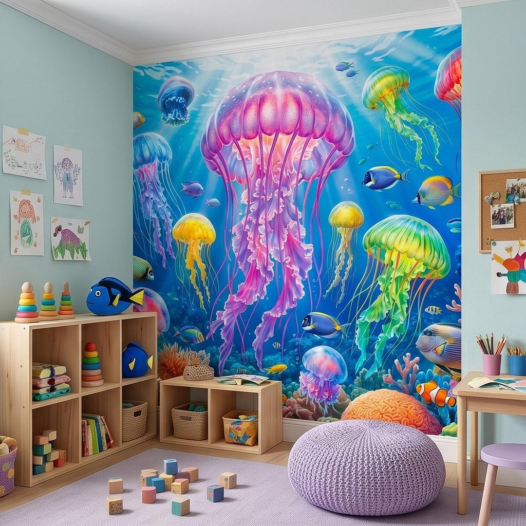 Jellyfish Peel and Stick Wall Mural, Underwater Ocean Scene with Coral Reef and Tropical Fish, Colorful Sea Life Kids Room Wallpaper
