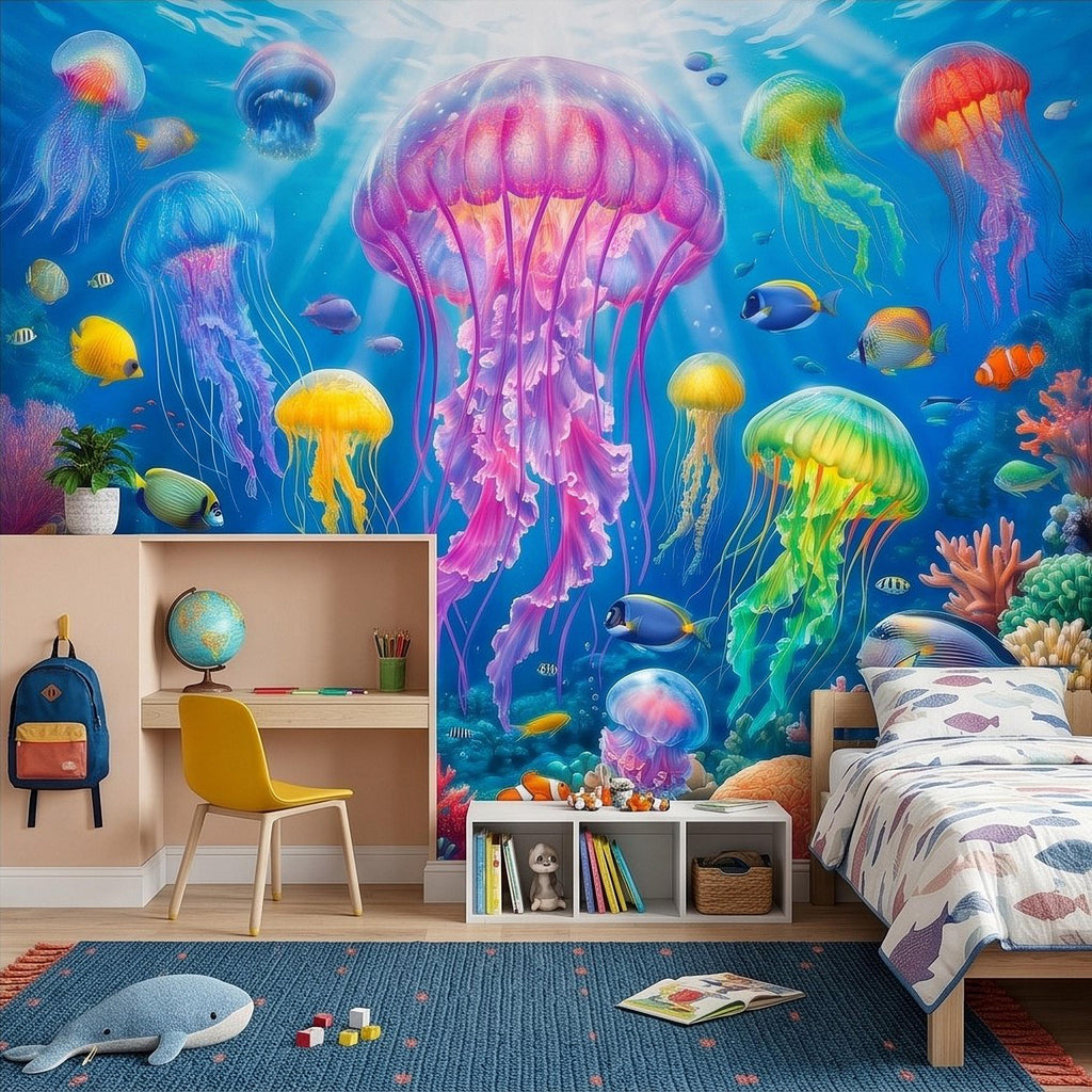 Jellyfish Peel and Stick Wall Mural, Underwater Ocean Scene with Coral Reef and Tropical Fish, Colorful Sea Life Kids Room Wallpaper
