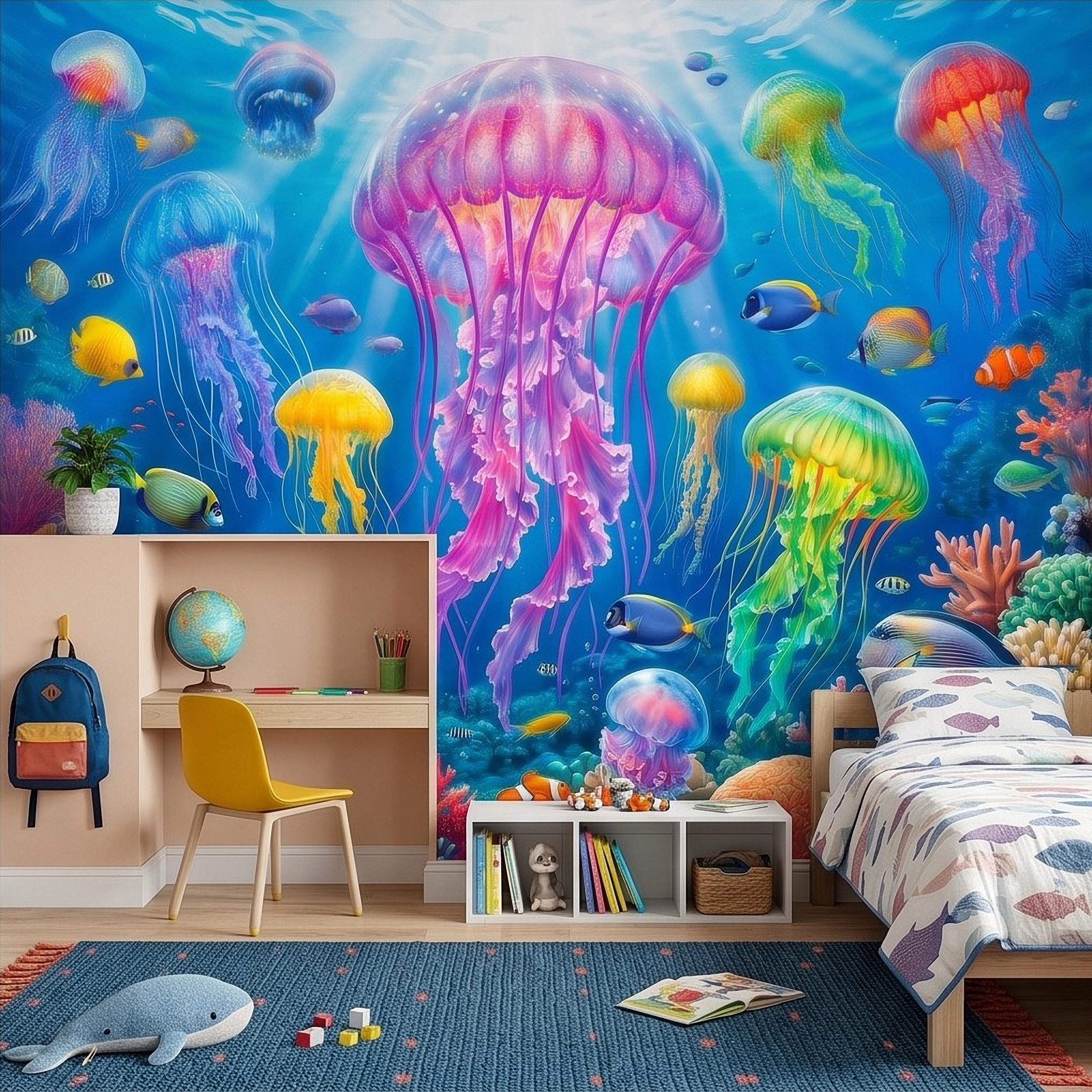 Jellyfish Peel and Stick Wall Mural, Underwater Ocean Scene with Coral Reef and Tropical Fish, Colorful Sea Life Kids Room Wallpaper