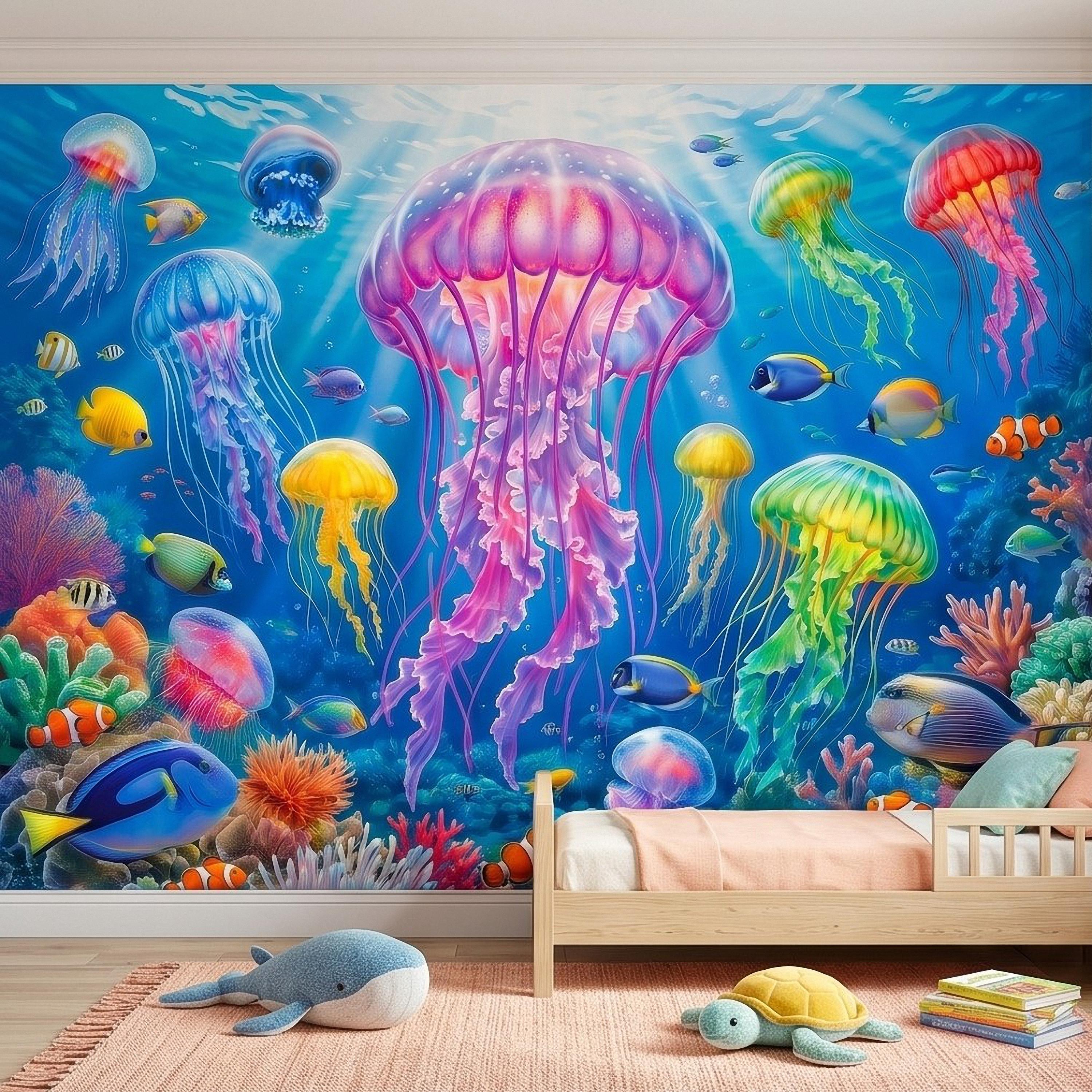 Jellyfish Peel and Stick Wall Mural, Underwater Ocean Scene with Coral Reef and Tropical Fish, Colorful Sea Life Kids Room Wallpaper