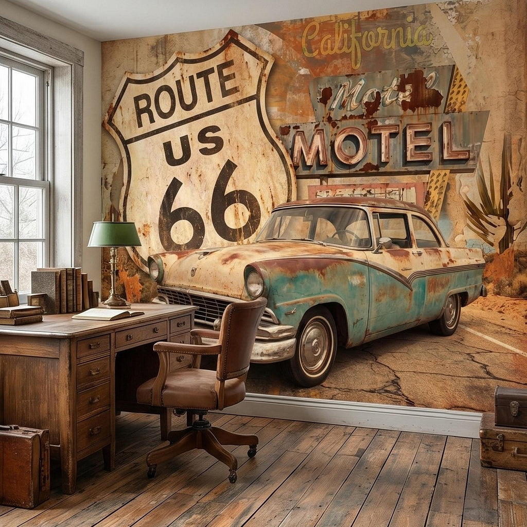 Vintage Route 66 Peel and Stick Wall Mural, Retro Motel Sign with Classic Car Rustic American Garage Loft Wallpaper