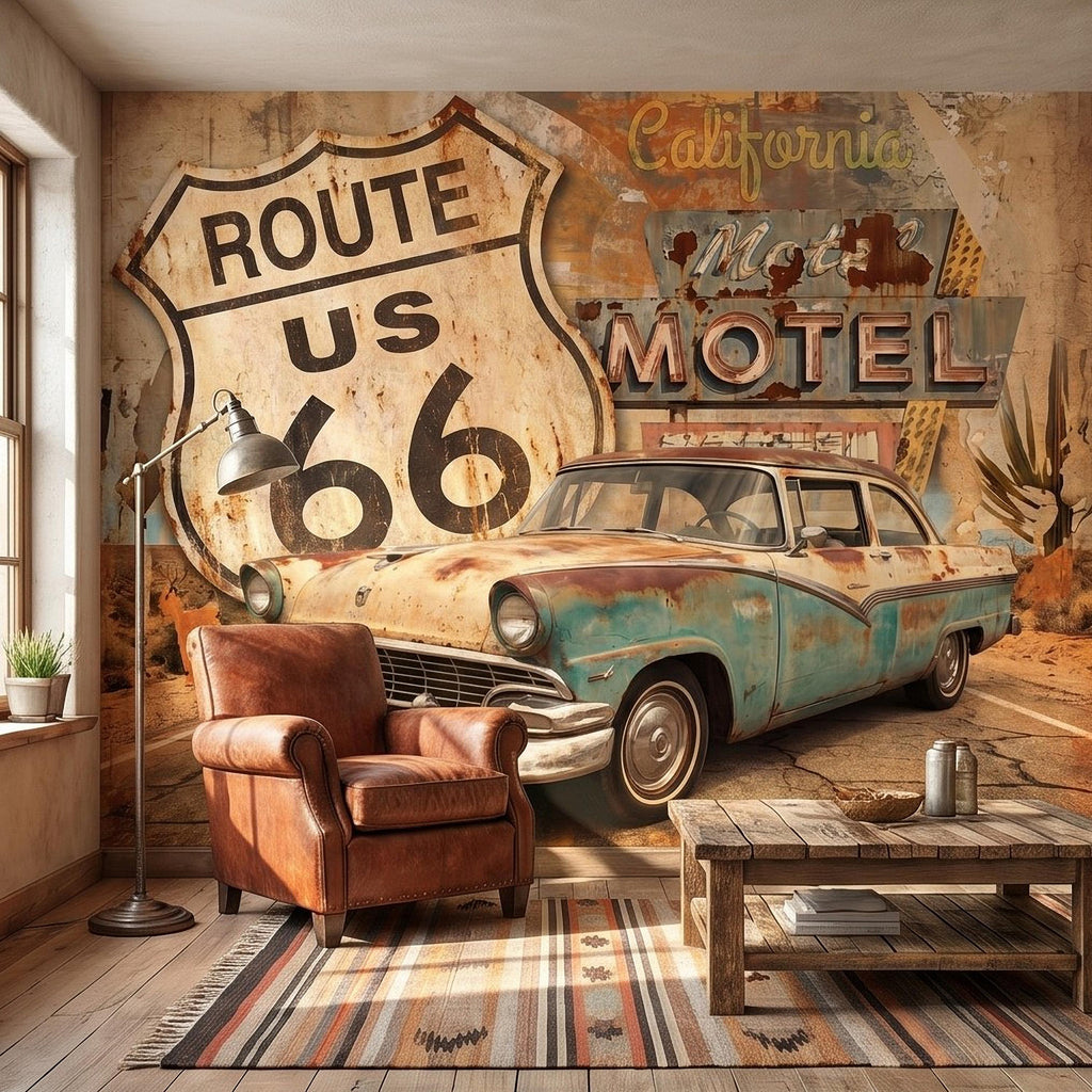 Vintage Route 66 Peel and Stick Wall Mural, Retro Motel Sign with Classic Car Rustic American Garage Loft Wallpaper