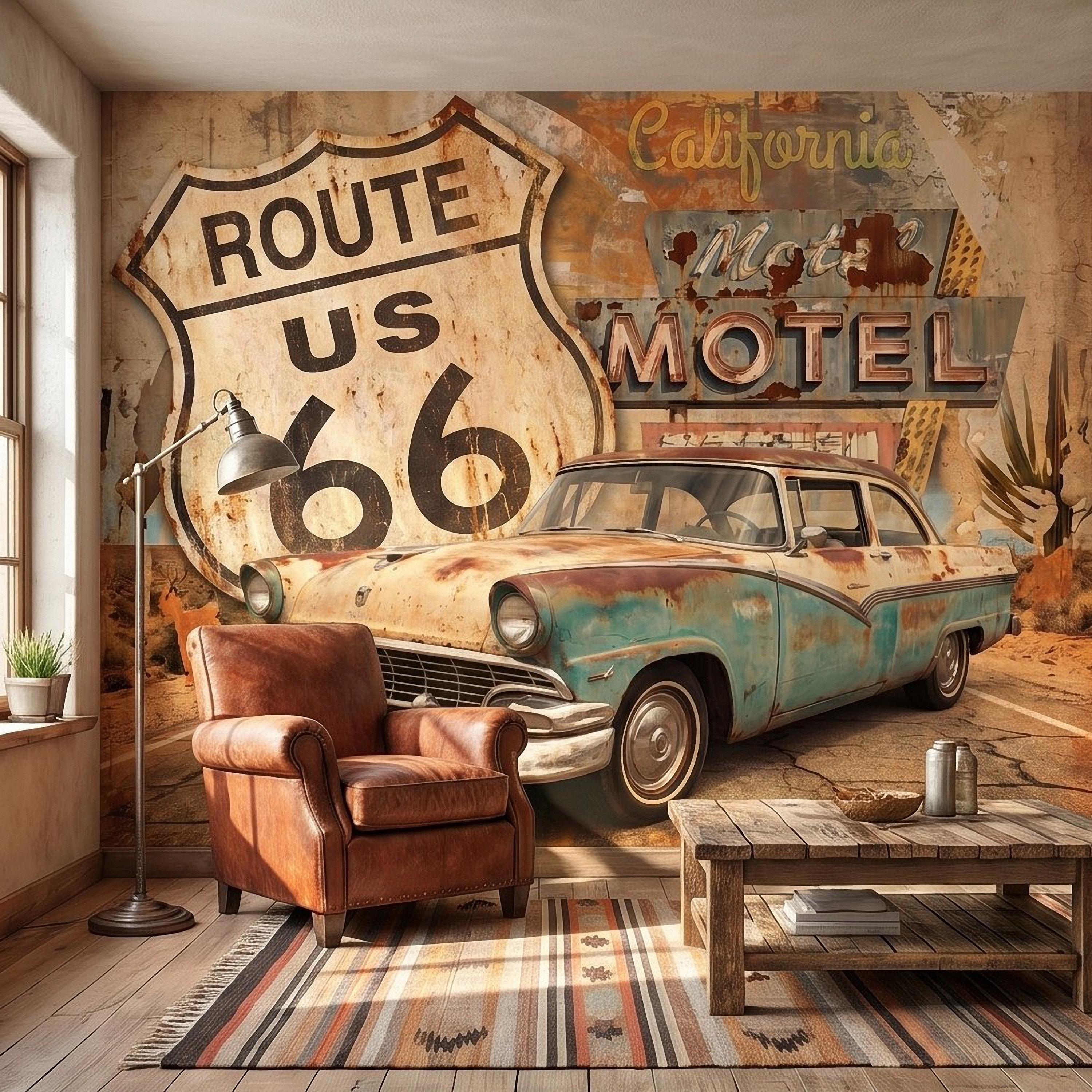 Vintage Route 66 Peel and Stick Wall Mural, Retro Motel Sign with Classic Car Rustic American Garage Loft Wallpaper
