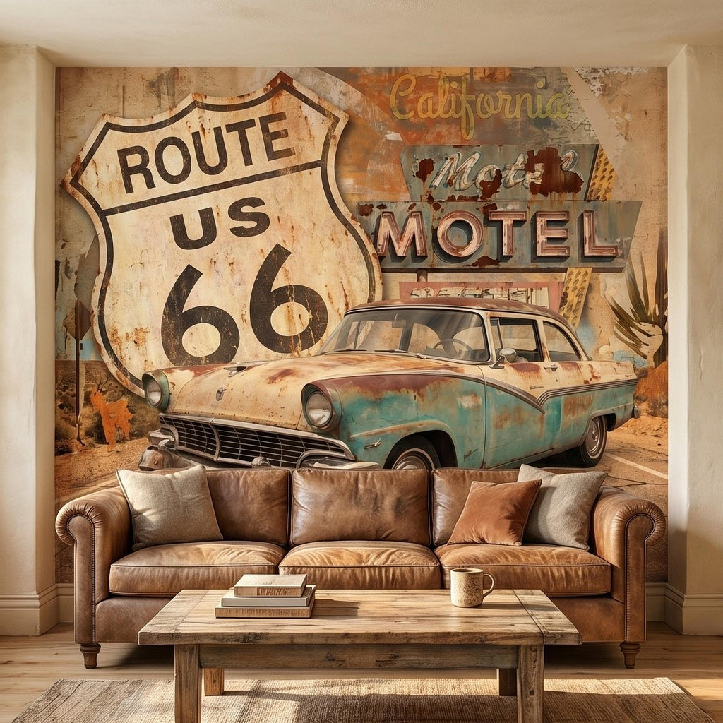 Vintage Route 66 Peel and Stick Wall Mural, Retro Motel Sign with Classic Car Rustic American Garage Loft Wallpaper