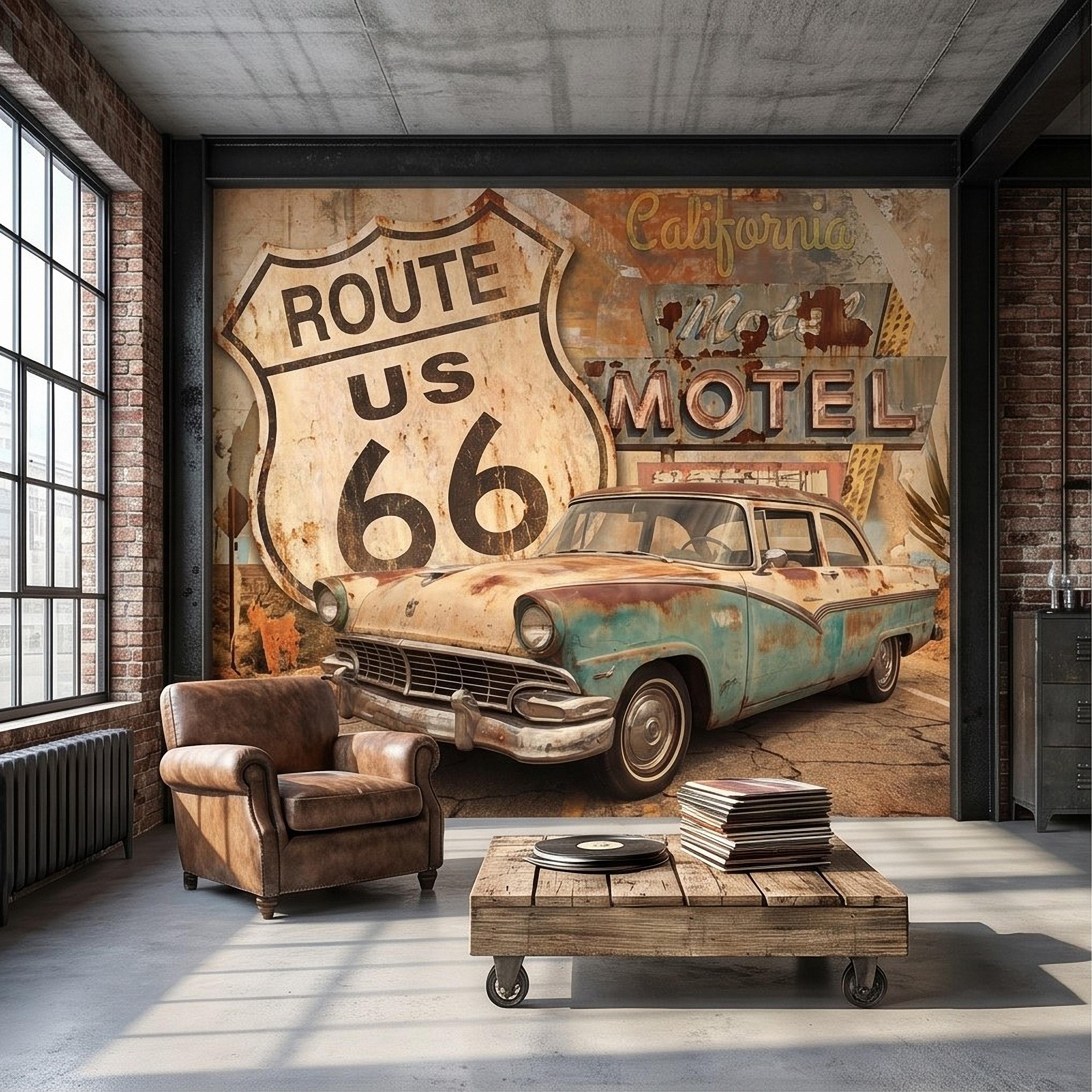 Vintage Route 66 Peel and Stick Wall Mural, Retro Motel Sign with Classic Car Rustic American Garage Loft Wallpaper