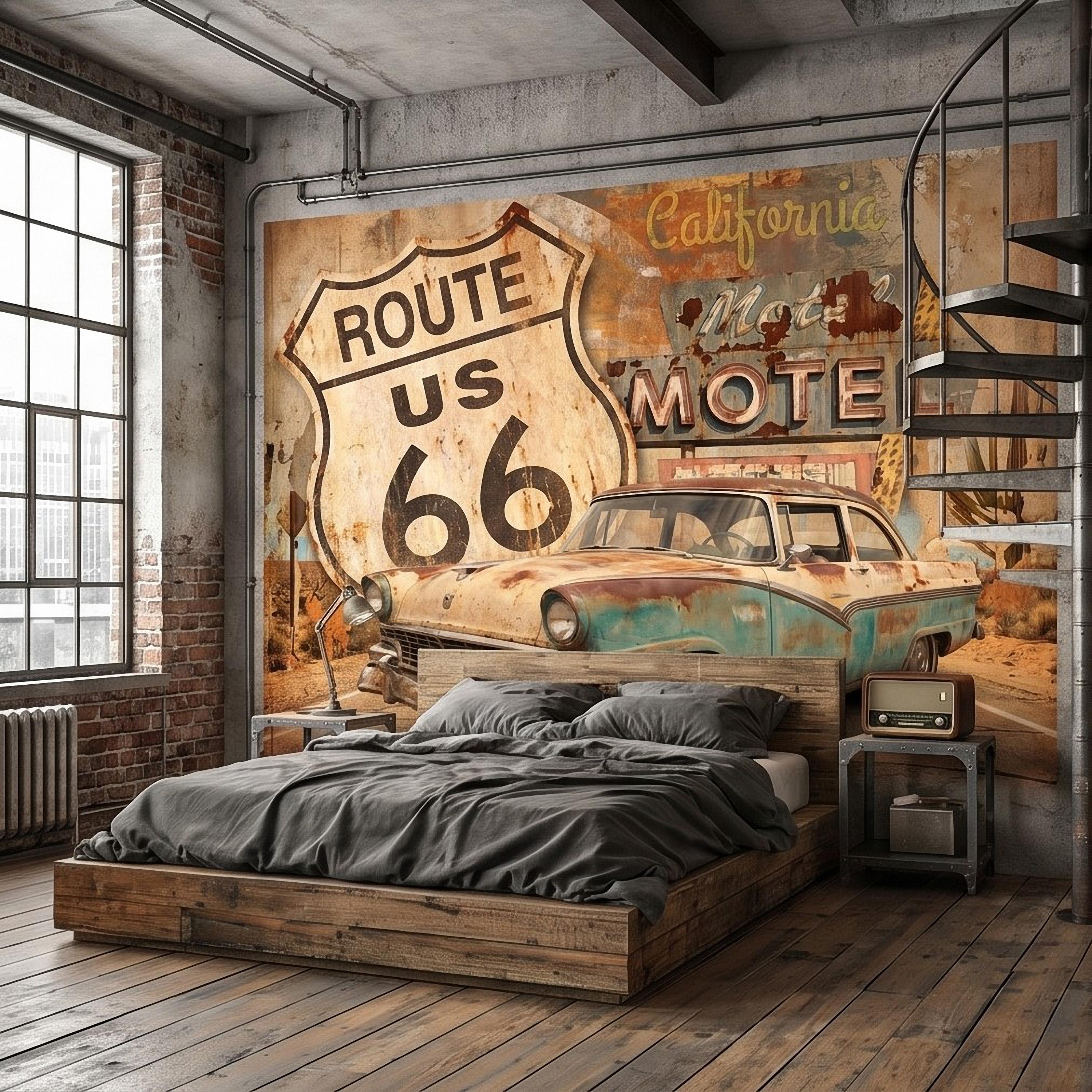 Vintage Route 66 Peel and Stick Wall Mural, Retro Motel Sign with Classic Car Rustic American Garage Loft Wallpaper