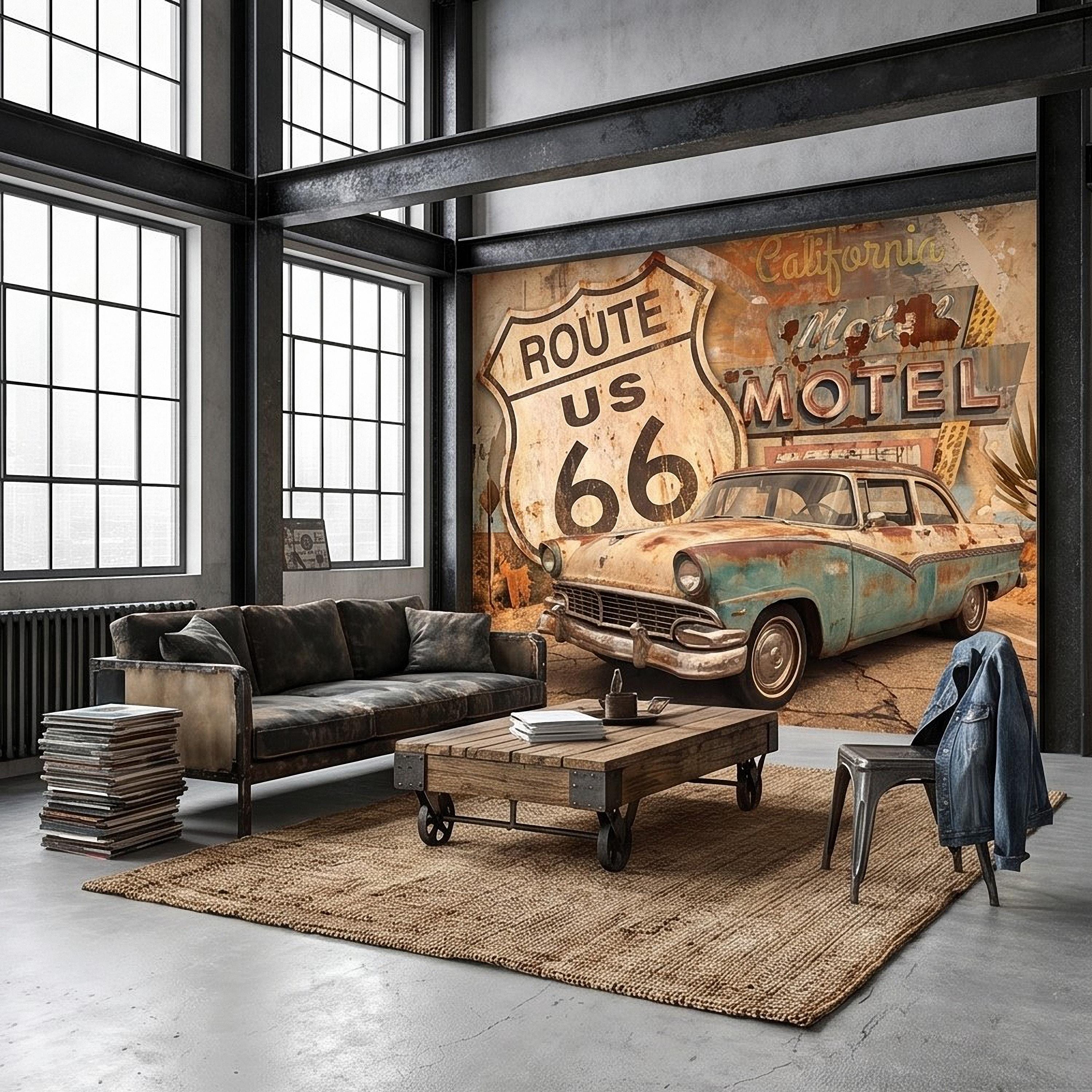 Vintage Route 66 Peel and Stick Wall Mural, Retro Motel Sign with Classic Car Rustic American Garage Loft Wallpaper